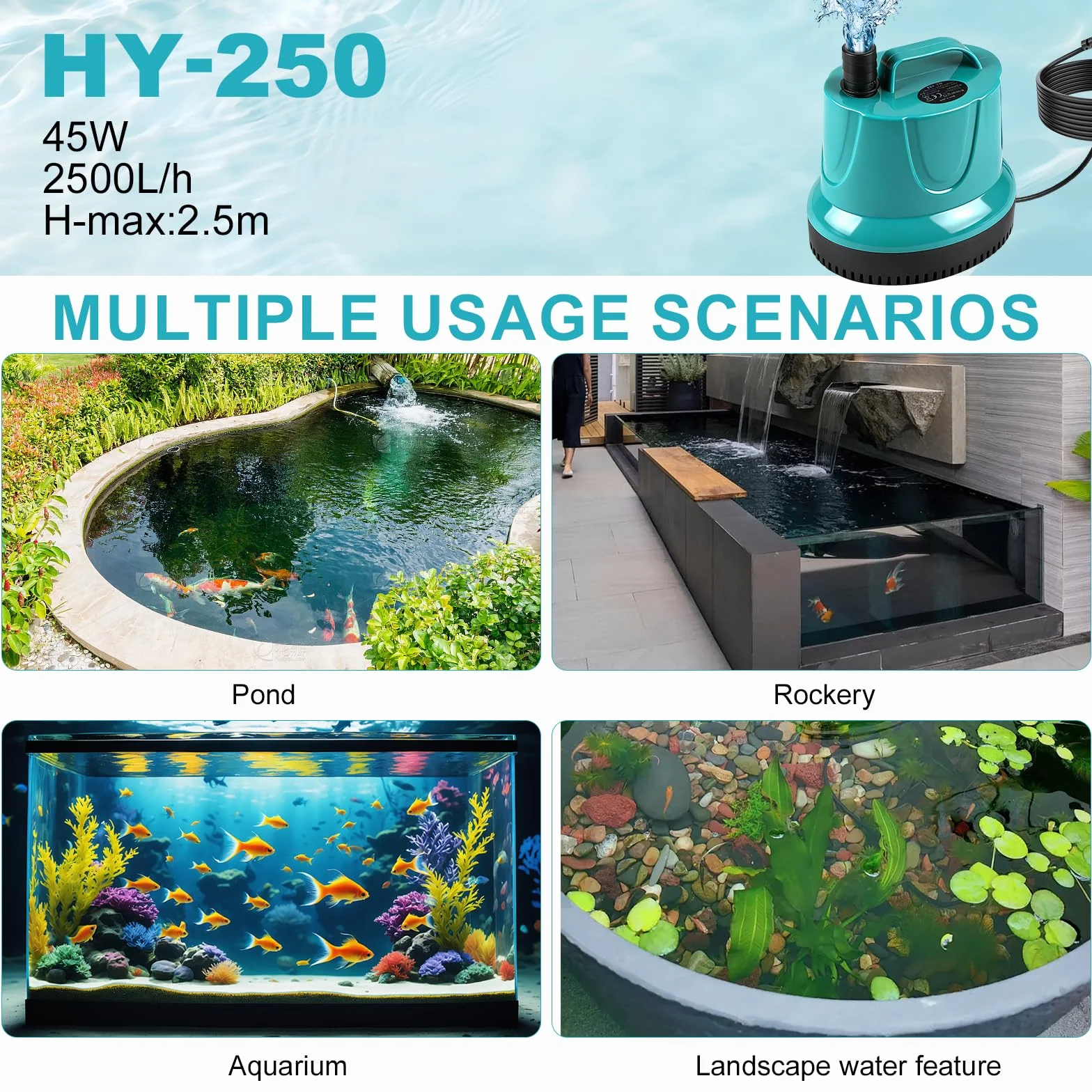 EXLECO Pompe Aquarium Immergée 45W 2500L/H, Eaux Chargées, Bassin Exterieur, Piscine