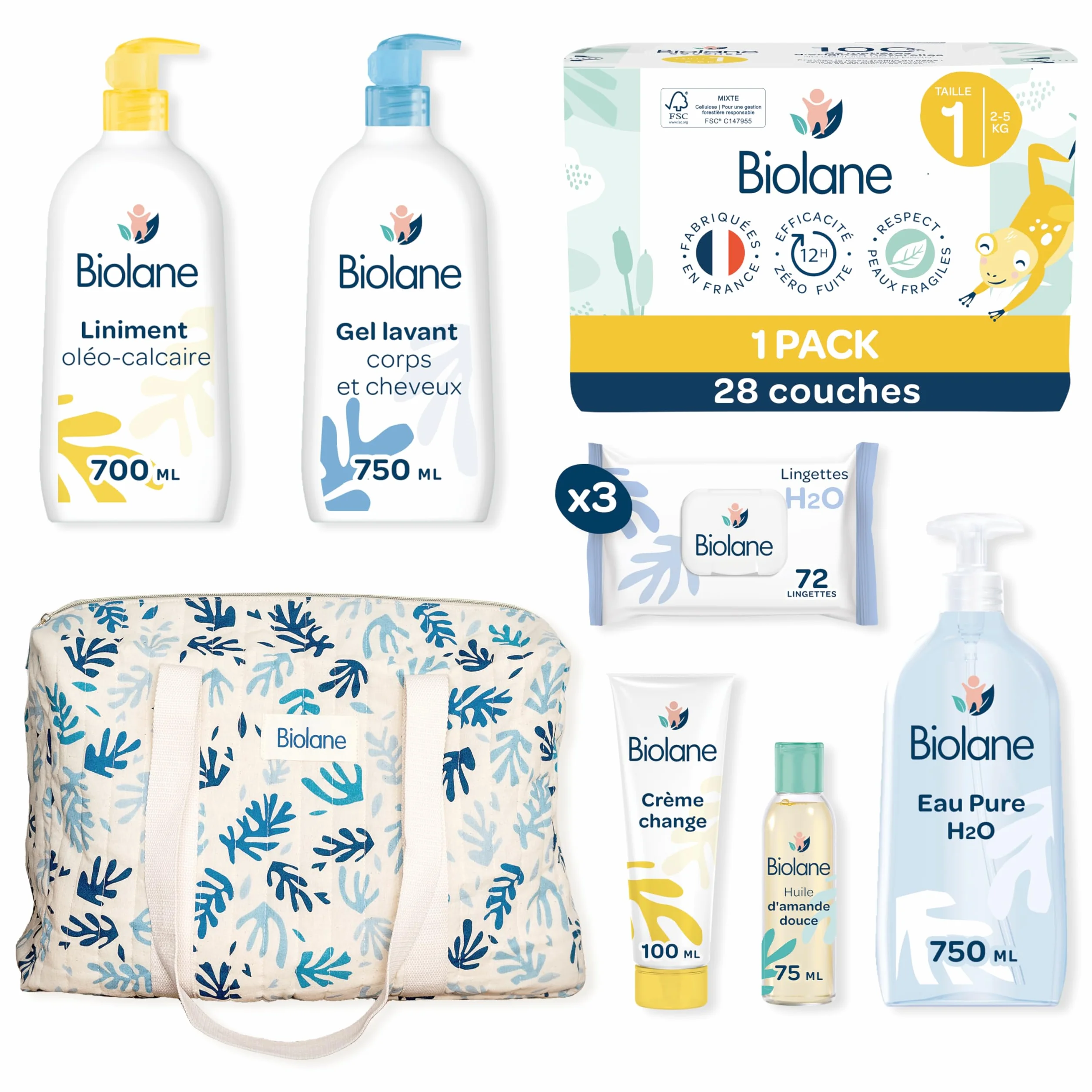 BIOLANE Coffret Maternité Kit de Soin Bébé Naissance Sac à langer & Soins Bébé Couche Lingettes H2O