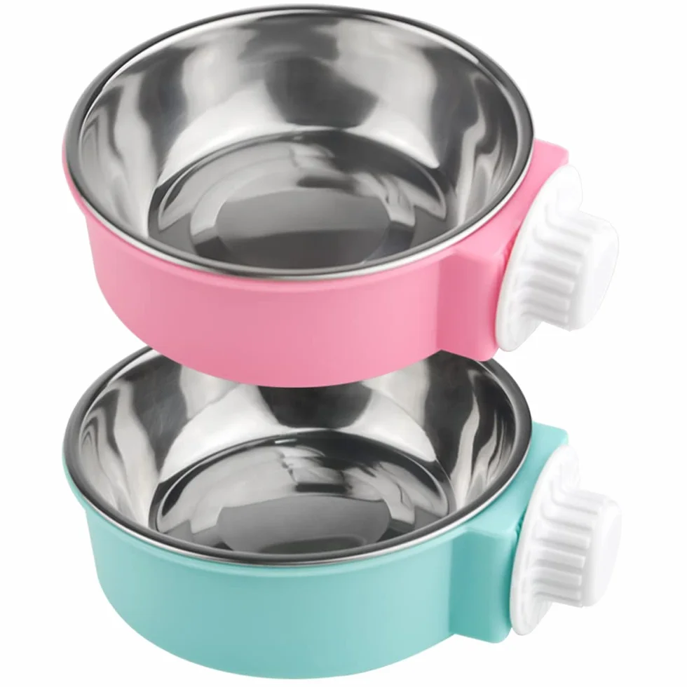 Gamelles Amovibles en Acier Inoxydable à Suspendre pour Animaux de Compagnie, Lot de 2 (Rose + Bleu)