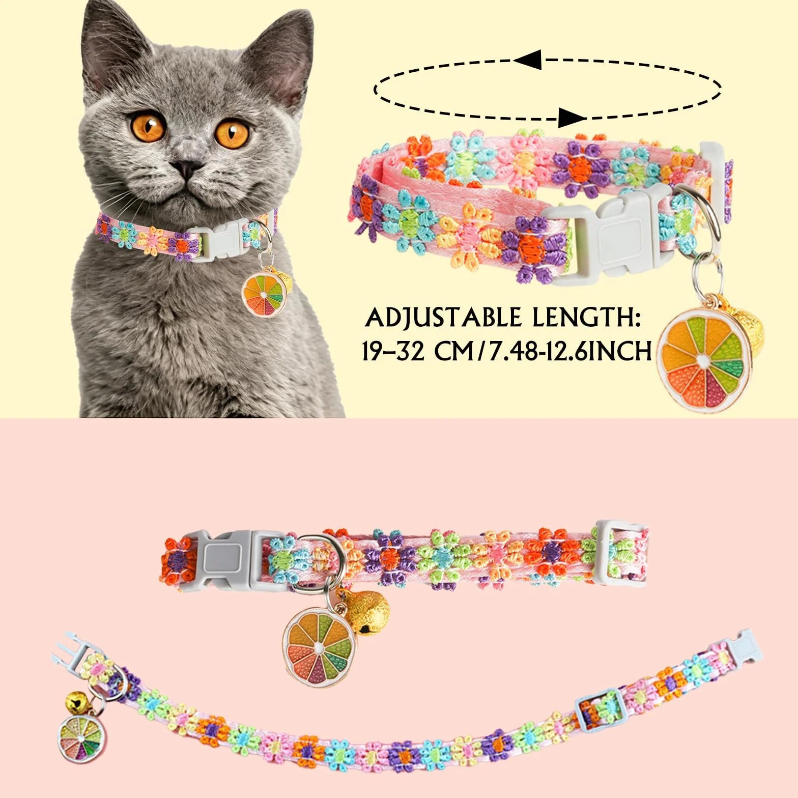 Kit Collier Chat 3 Pièces, Broderie Florale Collier Chaton avec Pendentif et Clochette, Réglable pour Chatons et Petits Chien, Durable