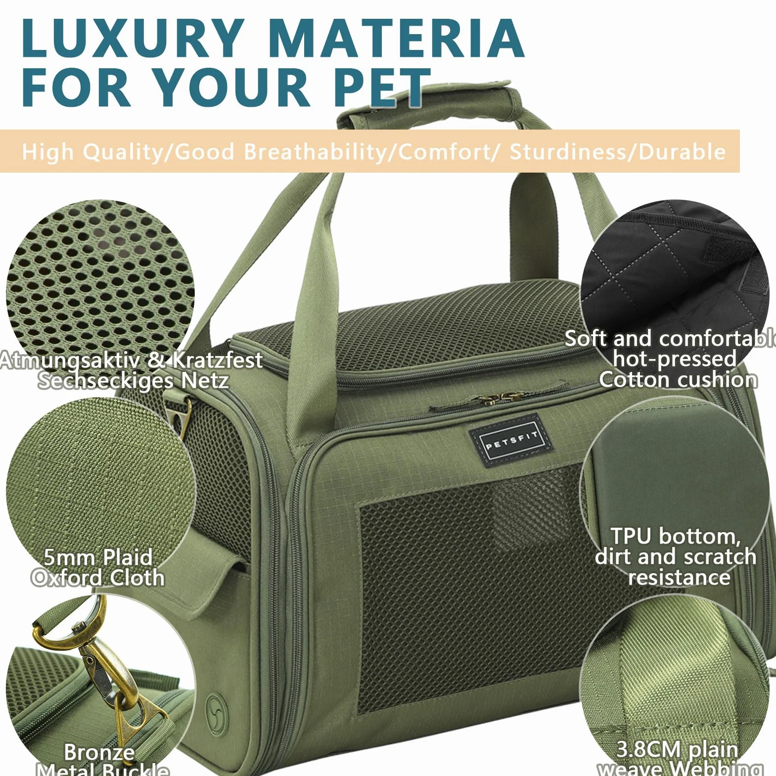 Petsfit Sac Transport Chat et Chien avec Coussin Extensible Taille S Olive Verte