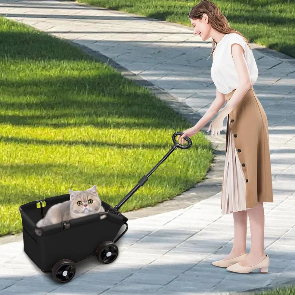 Poussette pour chiens pliable pour animaux de compagnie miniature,chariot pour chien,avec barre de poussée réglable, design ouvert, coussin, sac de rangement et roulettes