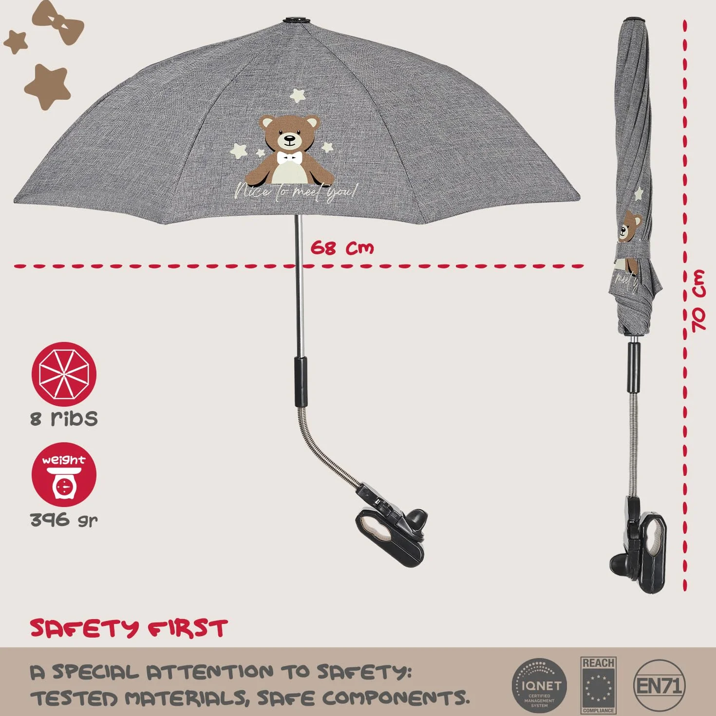 Perletti Parapluie Poussette Universel Gris Pliable Ombrelle Anti UV 68 cm