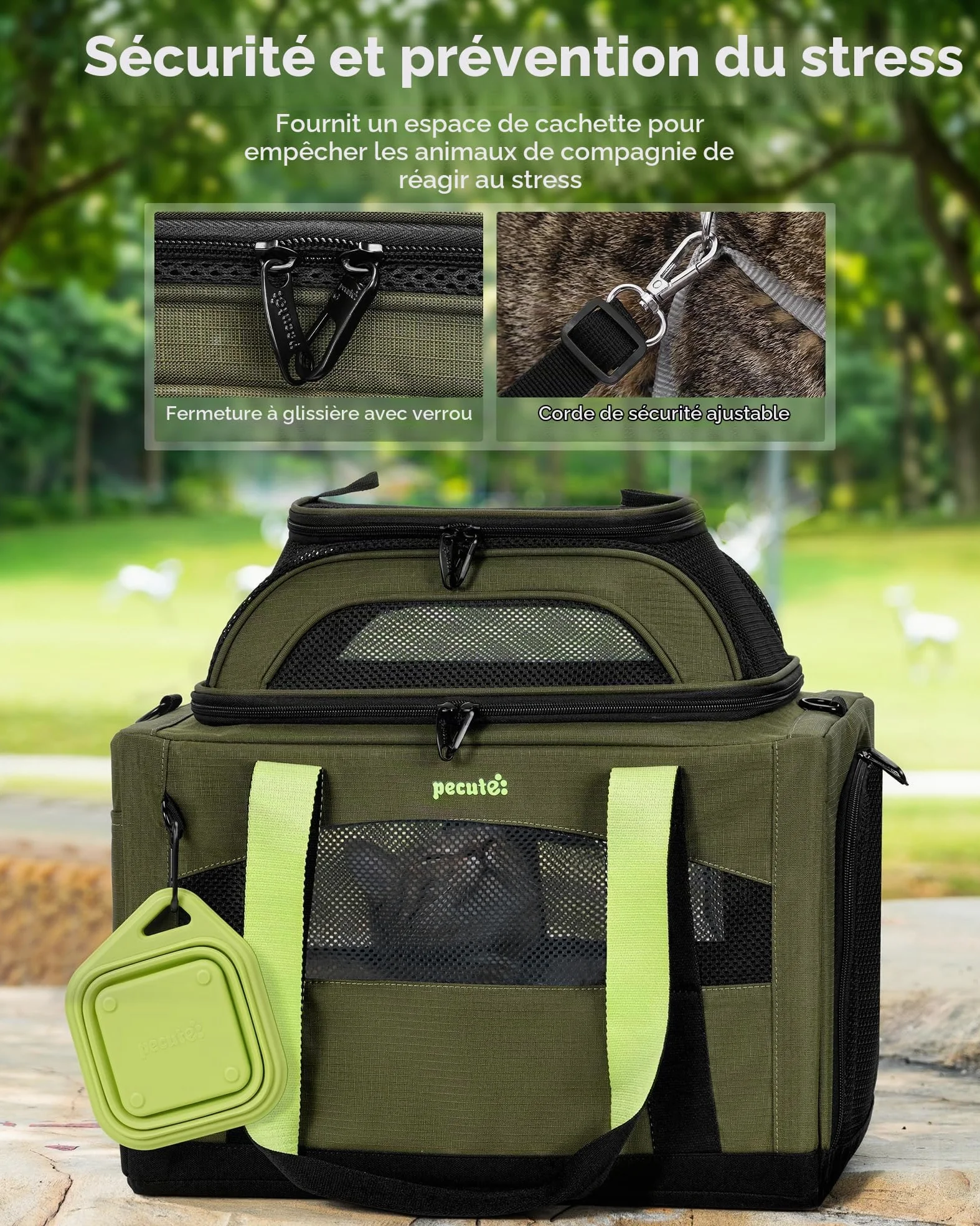 Pecute Caisse de Transport Chat et Chien Extensible, Pliable - Vert Armée | Extension Supérieure • Pliable & Respirant • Cadre Indéformable • Voyage & Vétérinaire • Pour Chats & Chiens