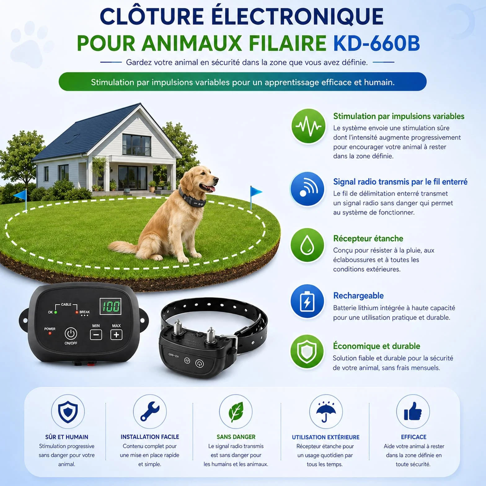 Clôture électrique pour Chien avec 2 Colliers Système de Délimitation Câble 300m 8-21 Pouces pour Jardin Extérieur