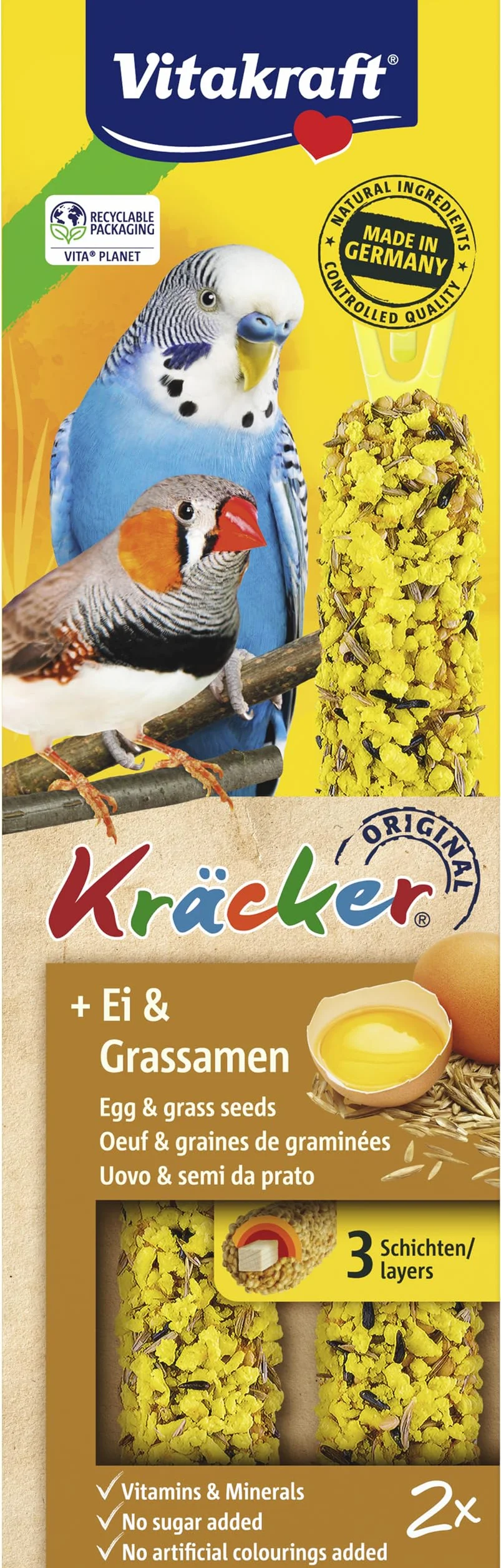 VITAKRAFT Kräcker Bâtonnets À L’Œuf Et Graines D’Herbe pour Perruches Et Exotiques, Format Économique, sans Sucre Ajouté (1X 54G)