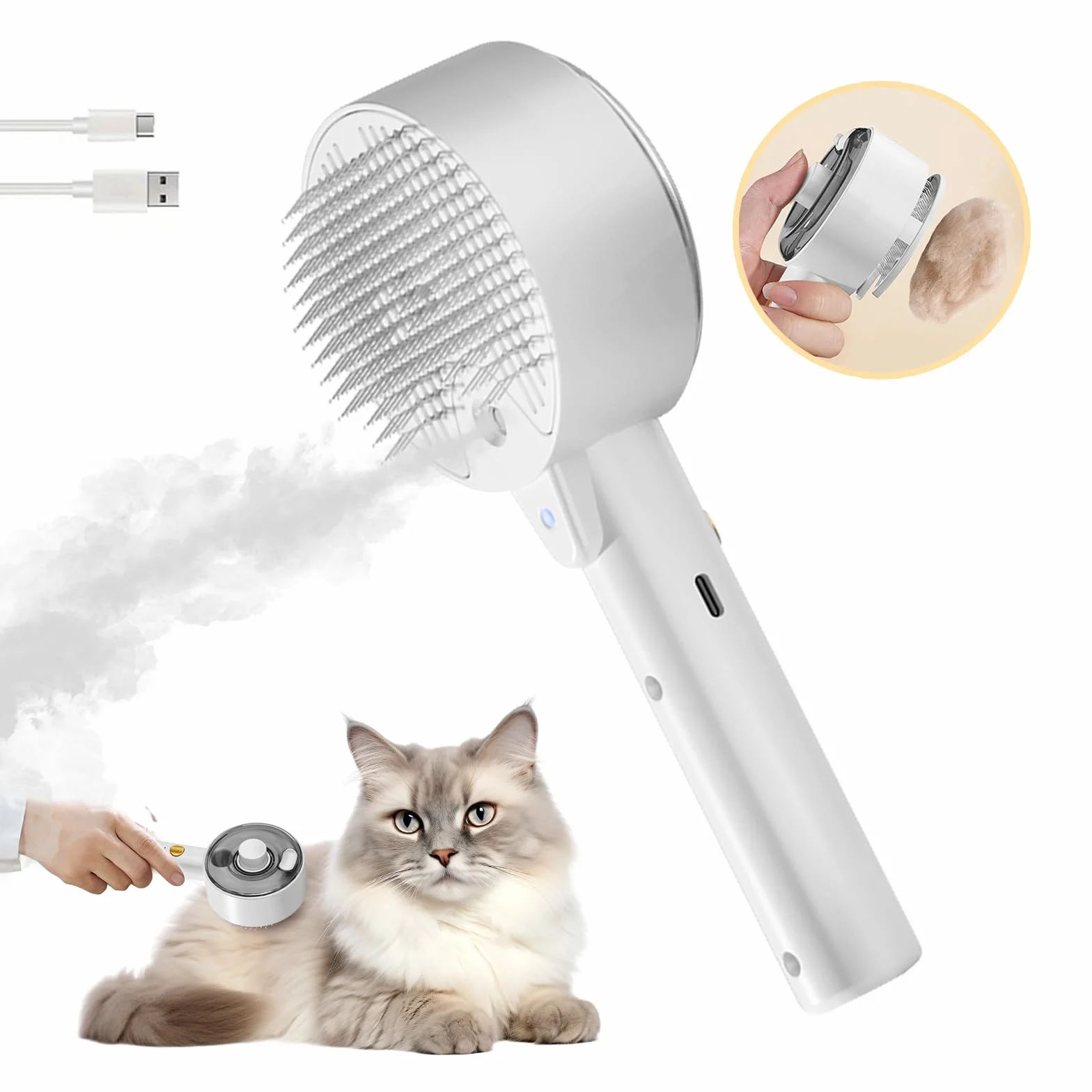 Brosse Chat Vapeur 4 en 1 Autonettoyant pour Chien et Chat Poil Long Court