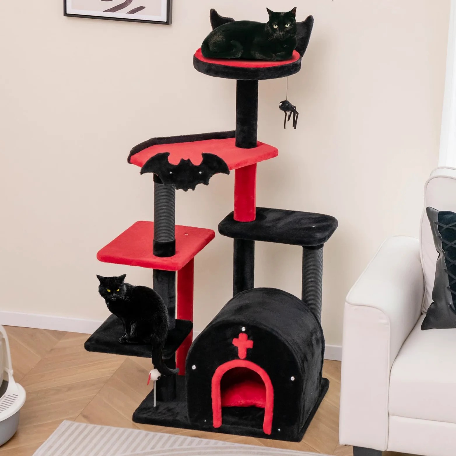 GOPLUS Arbre a Chat Style Gothique, Hauteur 133 CM, Arbre a Chat XXL à 6 Niveaux avec Poteaux à Gratter Sisal, Perchoir, Hamac, Niche Forme Coffin avec Coussin Amovible, Jouet Suspendu, Rouge et Noir