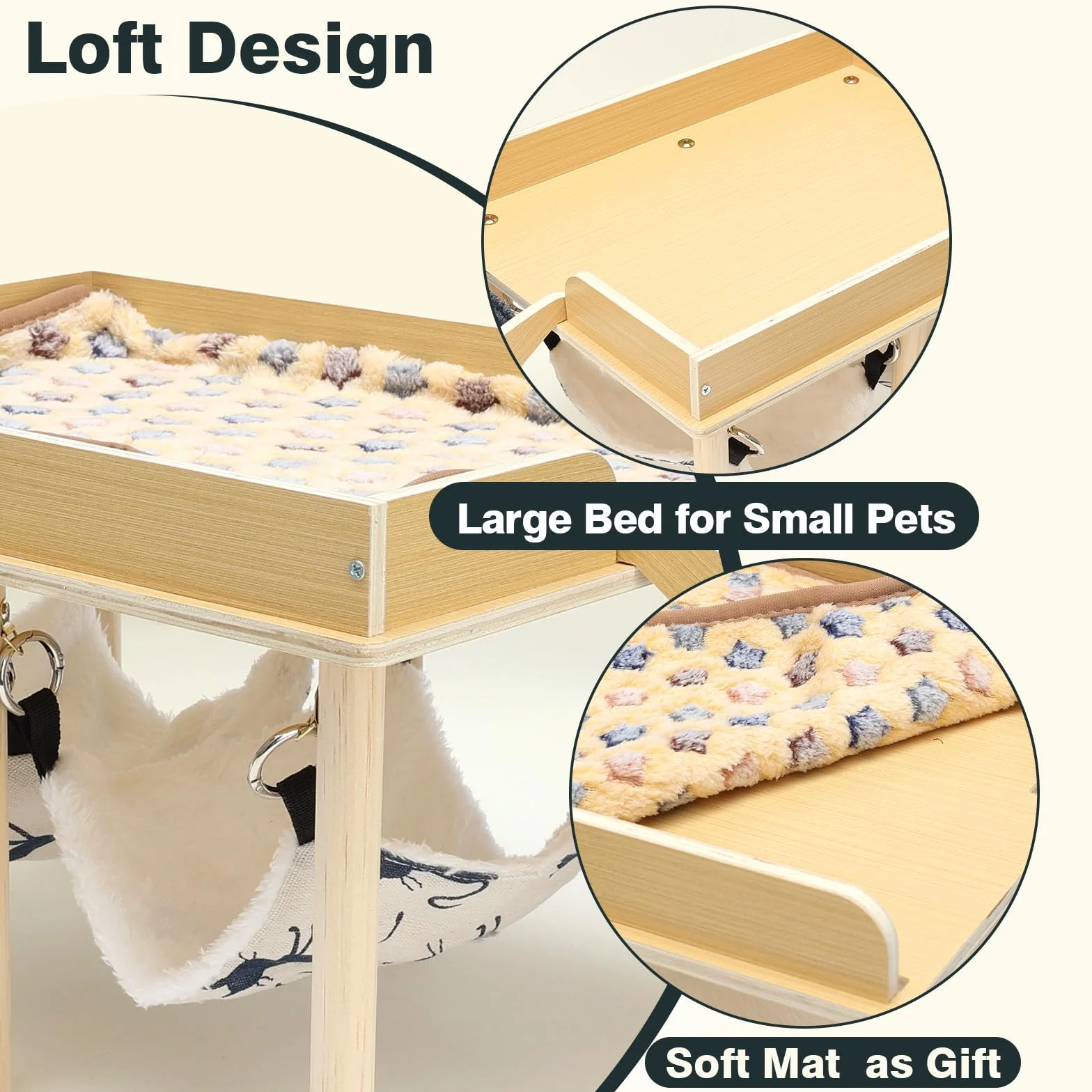 Maison de jeu en bois pour cochons d'Inde avec rampe et hamac coussin, grise amovible