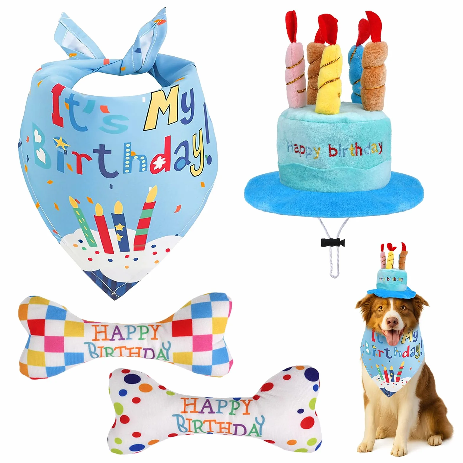 Lot de 4 jouets d'anniversaire pour chien - couineur réglable - chapeau - bandana - os en peluche