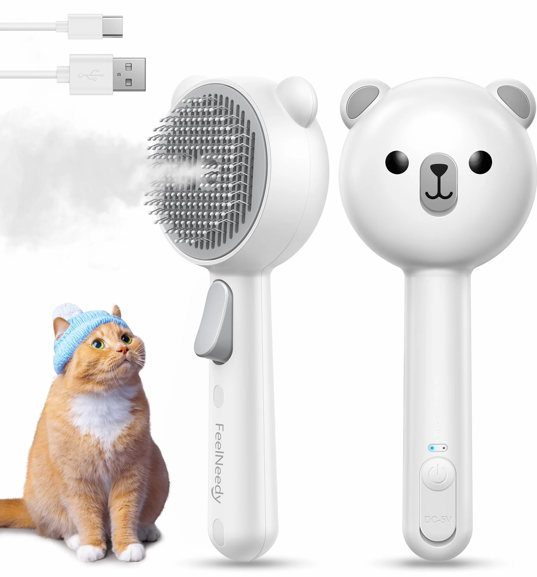 FEELNEEDY Brosse Vapeur Chat Rechargeable Brosse Vapeur Chien Bouton Déverrouillage Poils Long Court
