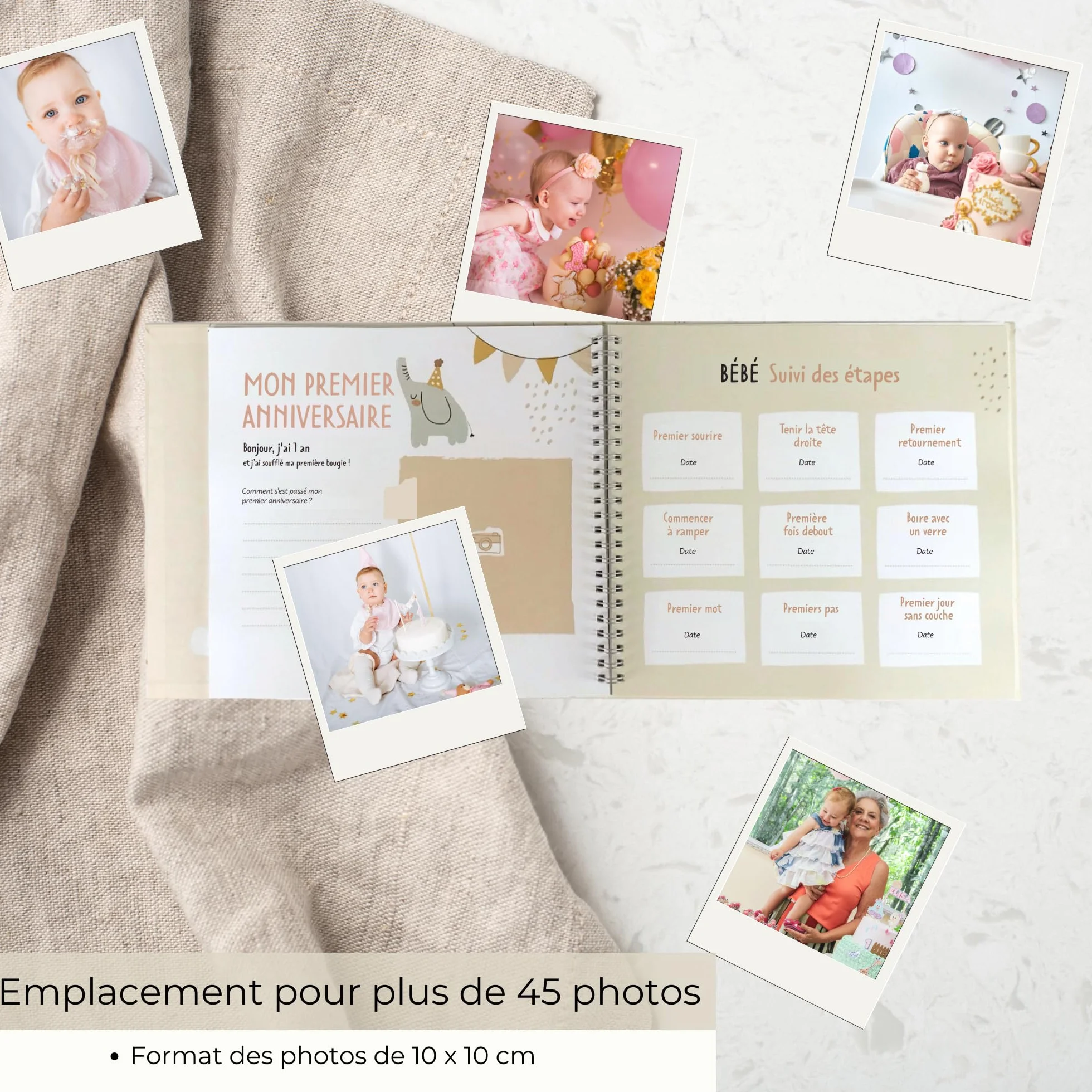 Livre de Naissance pour Coller des Photos et Écrire 50 Pages Autocollants Album Photo Bebe Première Année jusqu'à 5 Ans Beige Français