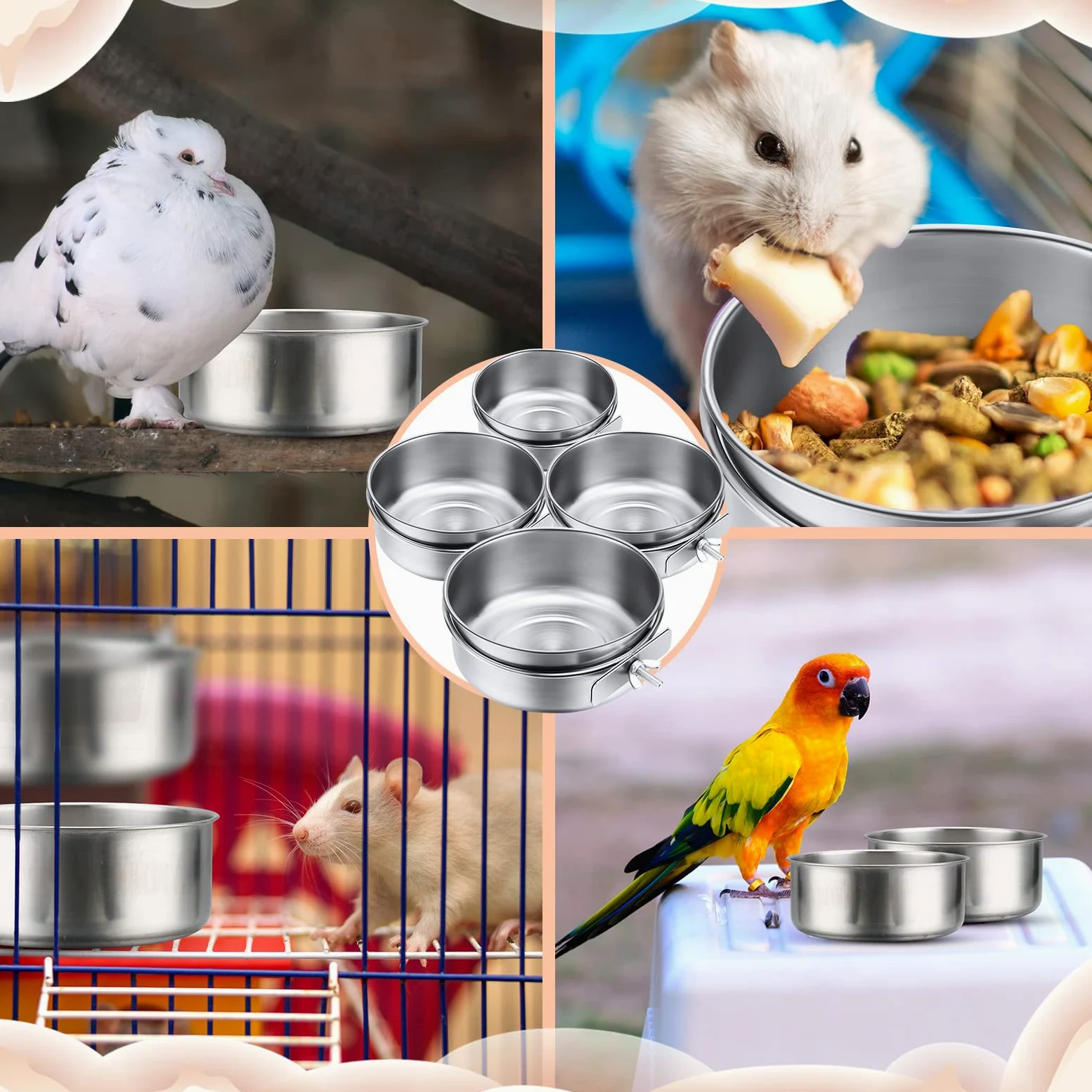 Aoriher Lot de 4 gamelles en acier inoxydable de 887 ml avec pince de serrage pour calopsitte, conure, perruche, petits animaux