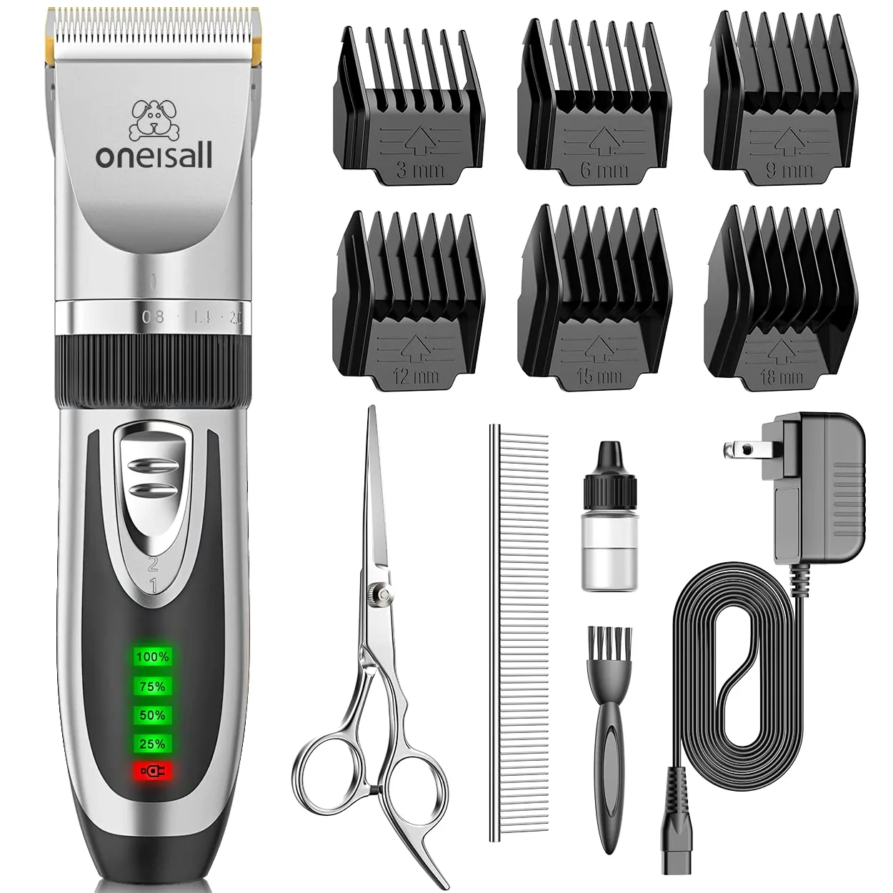 oneisall Tondeuse pour chien à faible bruit, kit de toilettage silencieux à 2 vitesses rechargeable sans fil pour animaux domestiques pour petits et grands chiens, chats et animaux (argent)