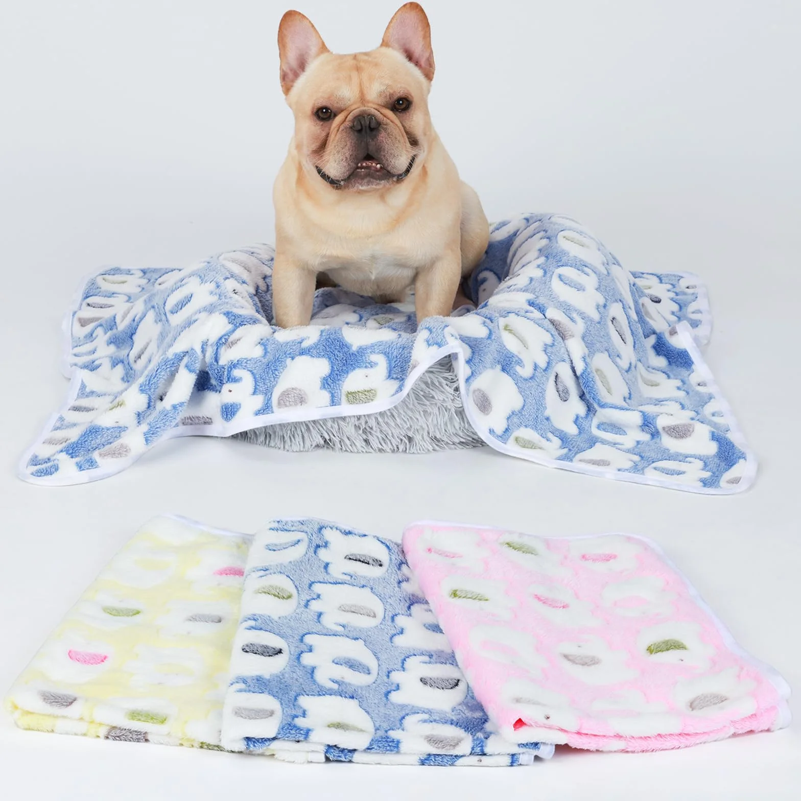 Lot de 3 couvertures en Flanelle Super Douce - Motif éléphant - pour Chiot et Chat - Bleu/Rose/Jaune - Taille M