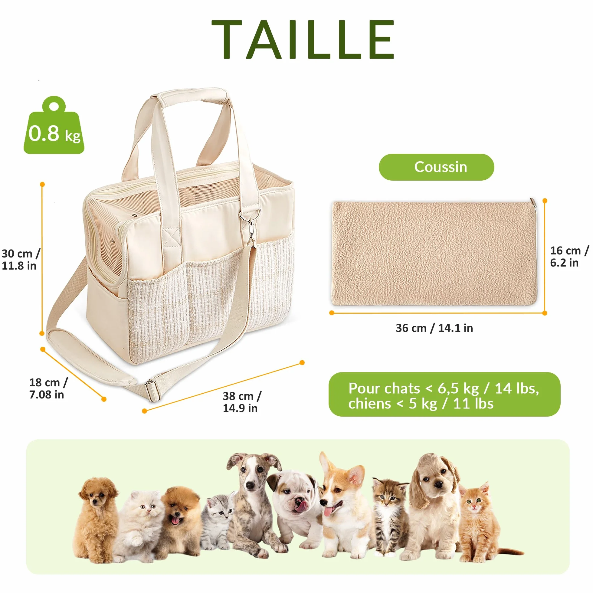 ALLSOPETS Sac de Transport pour Petit Chien et Chat, Sac Bandoulière Pliable avec Poches, Laisse de Sécurité et Coussin Amovible (Beige)