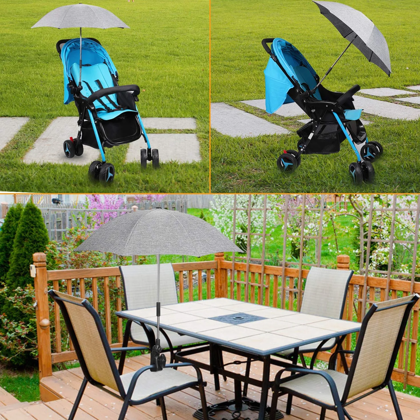 Ombrelle Parasol Anti UV Poussette Universelle 71 cm Fixation Tube Rond Oval Flexible Orientable Clip Fauteuil Roulant Gris