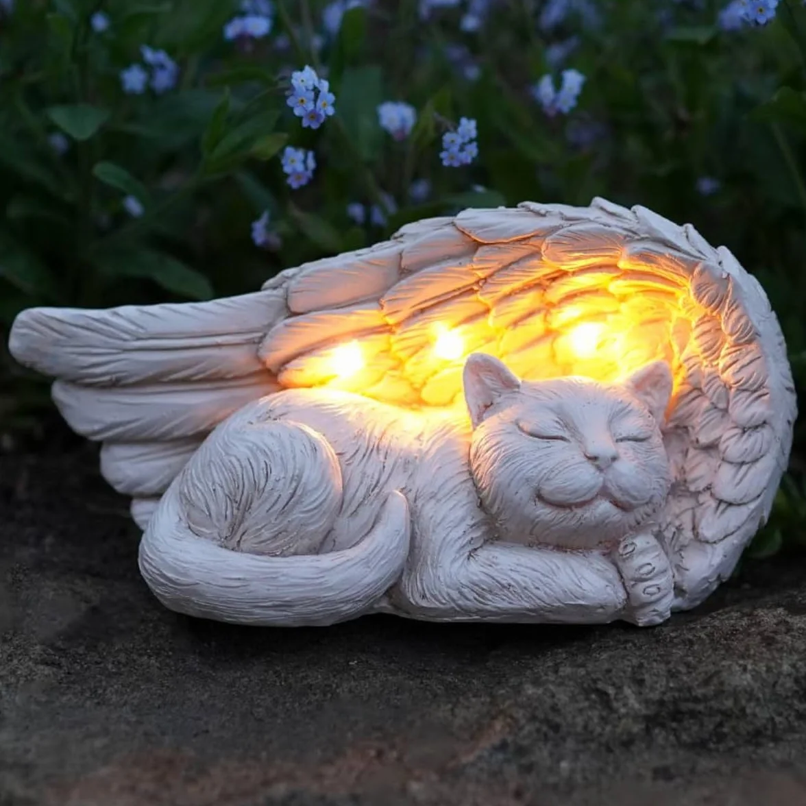 Statue Solaire Commémorative LED Blanc Chaud pour Chats Chiens - Croix Cœur Lumineux - Waterproof 21cm Chat Ailé