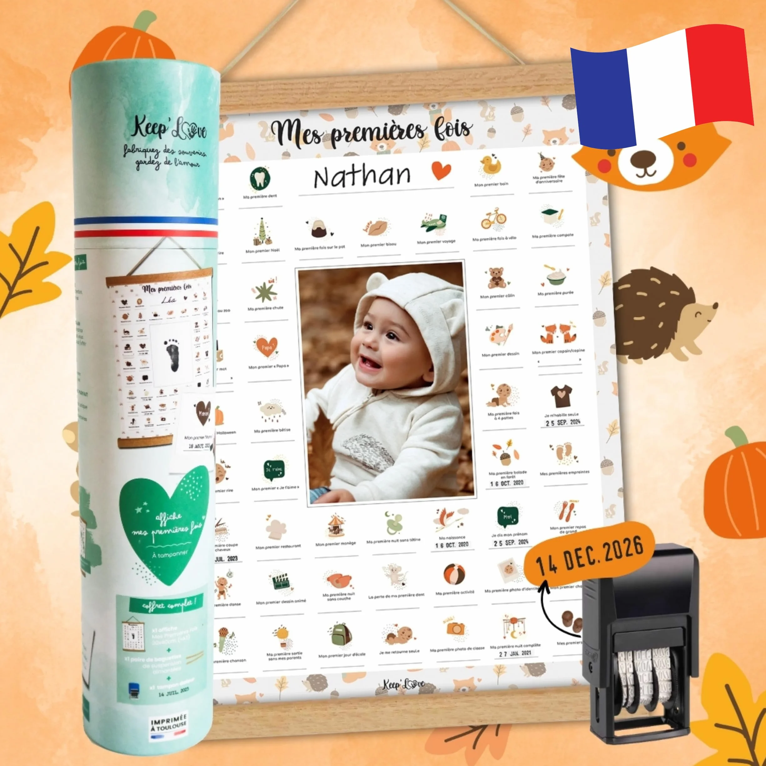 Pack Affiche "Mes Premières Fois" à Tamponner + Tampon Dateur + Baguettes de Suspension - Cadeau de Naissance, Décoration Chambre Bébé, Grand Format A3 (Modèle Renard)