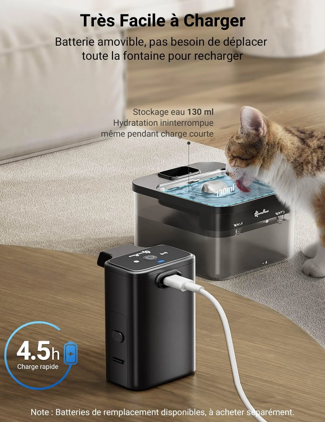 Fontaine à Eau sans Fil pour Chien 4000mAh Détecteur de Mouvement Acier Inoxydable Noir 6 Filtres