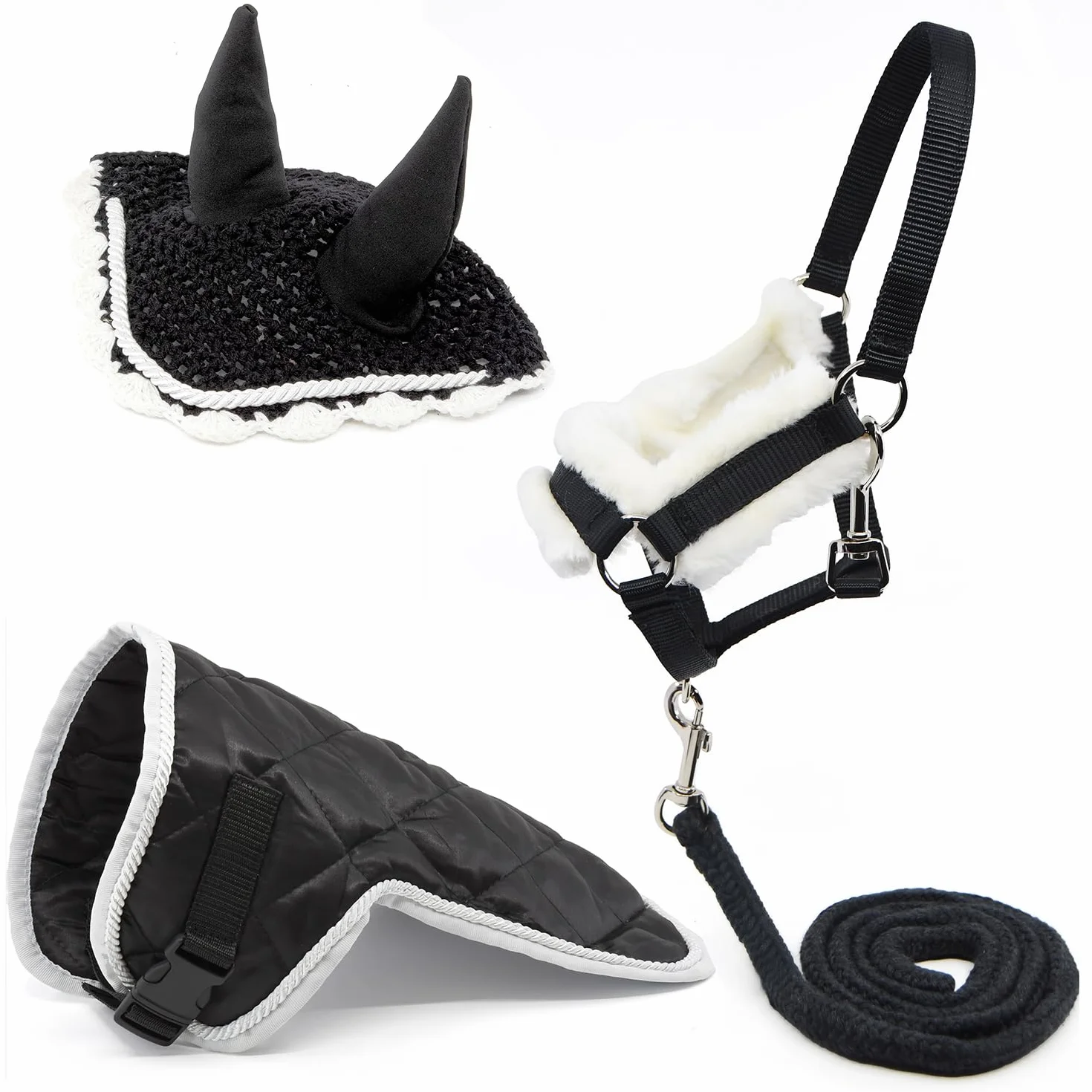 Ensemble d'accessoires Noir et Blanc pour Hobby Horse : Licol moumoute Noir avec Longe + Couverture Noire + Bonnet Anti-Mouches