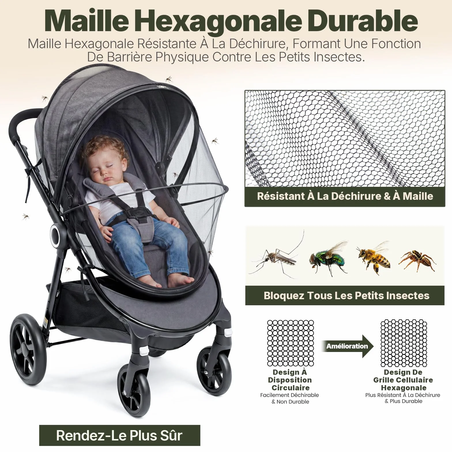 Orzbow Moustiquaire Poussette Universelle avec Fermeture éclair, Respirant Protection Anti-Insectes, 3D PVC Tissu à Maille Fine, Sac Inclus (Noir)