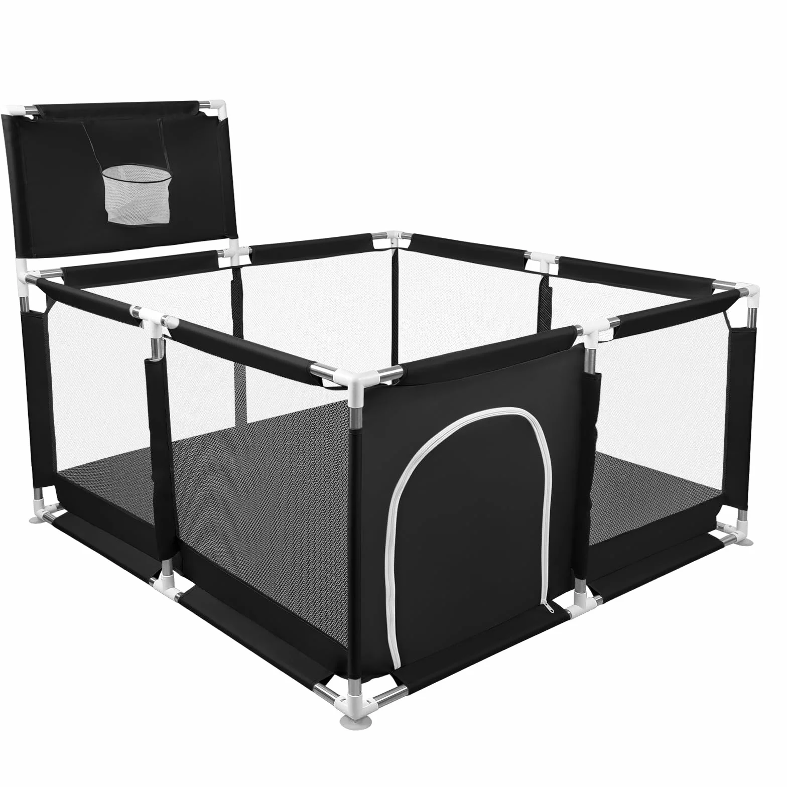 Parc à Chiots avec Porte, Clôture Solide en Tissu épais et Filet Nylon, 126x126x66cm, Noir