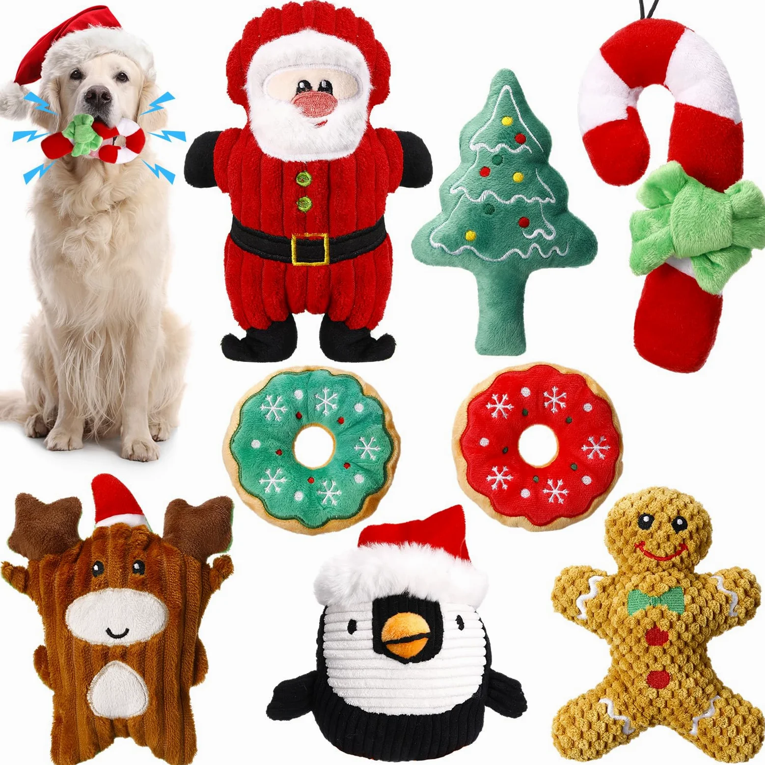 Lot de 8 jouets de Noël pour chien - Jouets couineurs interactifs en peluche avec couineur pour chiens de petite, moyenne et grande taille - Nettoyage des dents