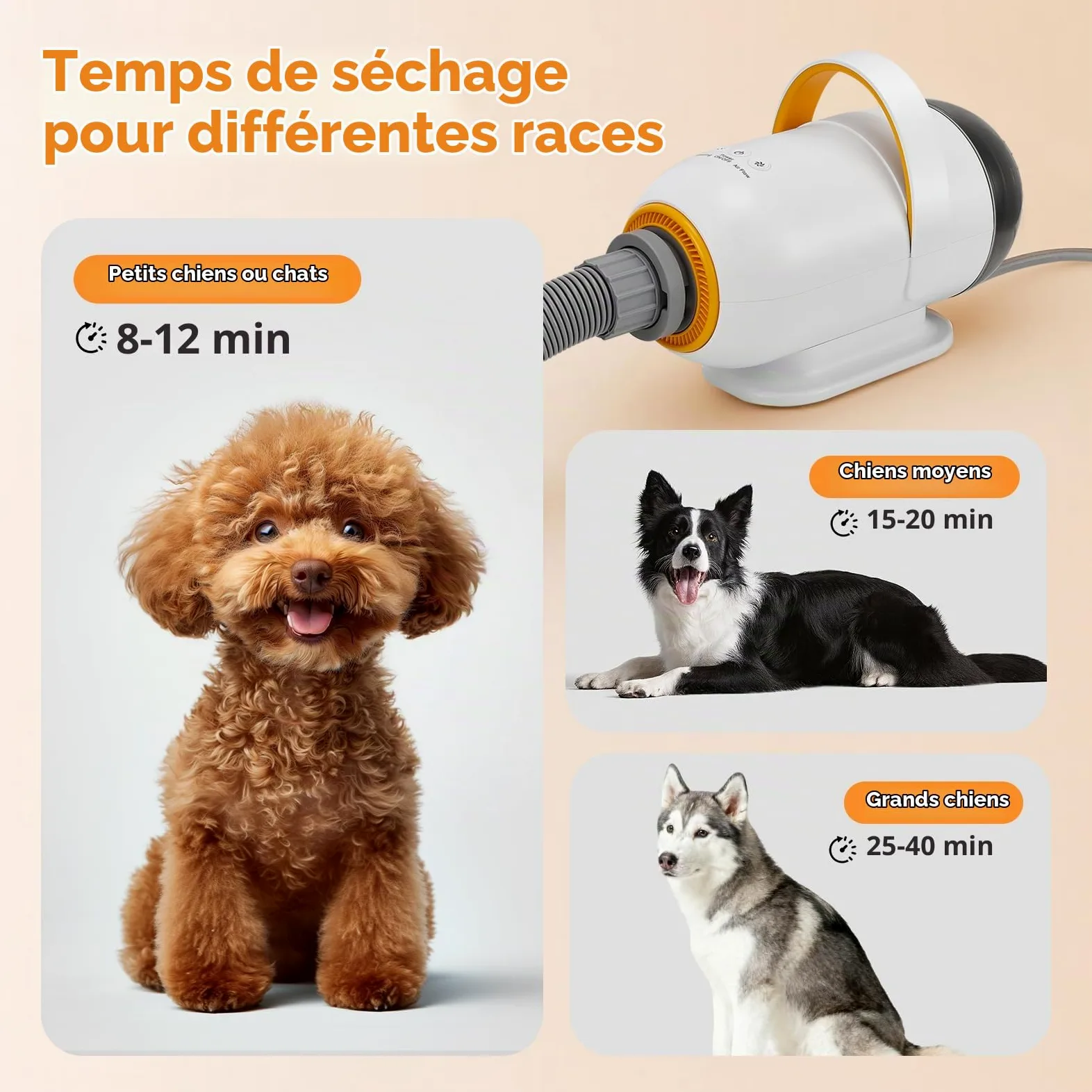 Sèche-chien 3200 W pour animaux de compagnie avec 7 vitesses, souffleur avec 4 embouts, sèche-cheveux pour chien avec fonction air chaud et froid, kit de toilettage pour chiens et chats