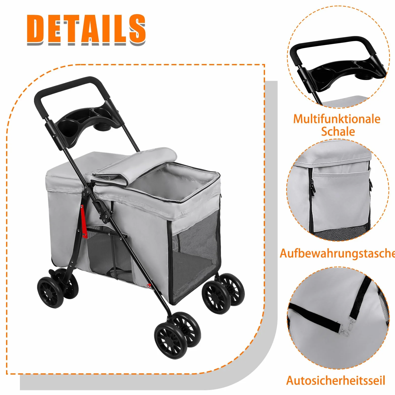 OHMG Poussette pliable animaux chien chat 2 en 1,chariot pour chien,nacelle amovible bandoulières 4 roues avec frein tissu 600D Oxford,Charge 20 kg