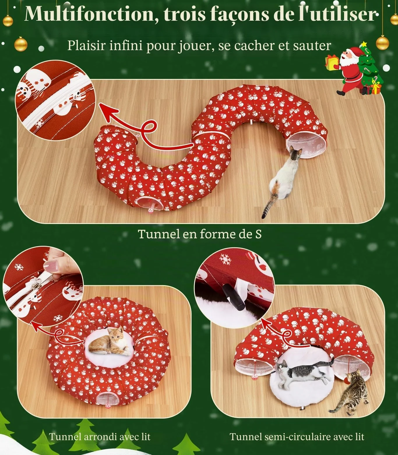 Pawaboo Lit Tunnel Noël Chat 35,4", Bonhomme Neige | Tunnel avec tapis, balles en peluche et grelots pour jouer, se cacher et se reposer.