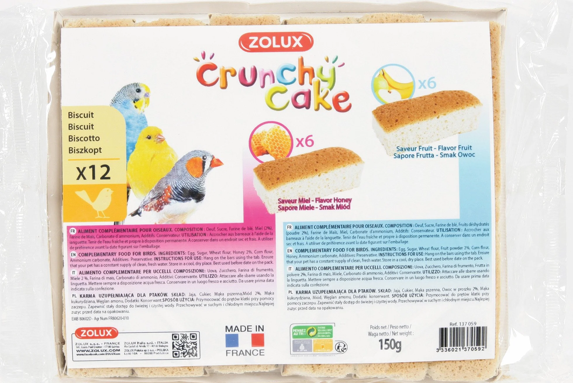 Zolux Biscuits Assortis Oiseaux Crunchy Cake Miel Fruits - 12 sztuk