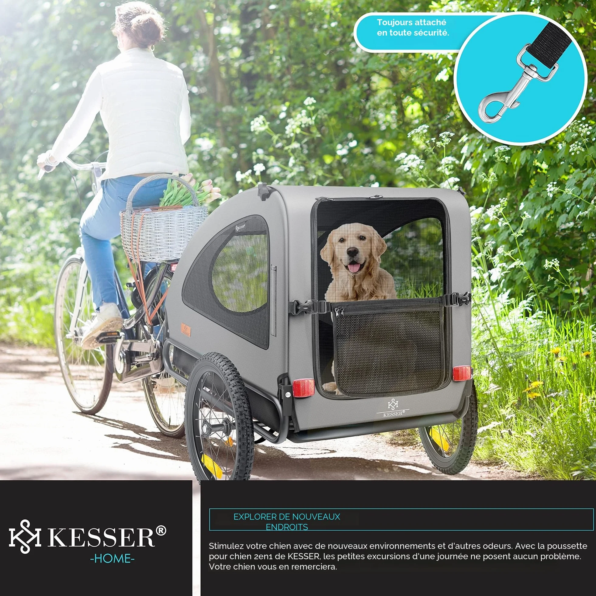 KESSER Chariot pour Chien 2-en-1 Remorque pour Chien Poussette Grand Volume 250 l Pliable Gris Noir