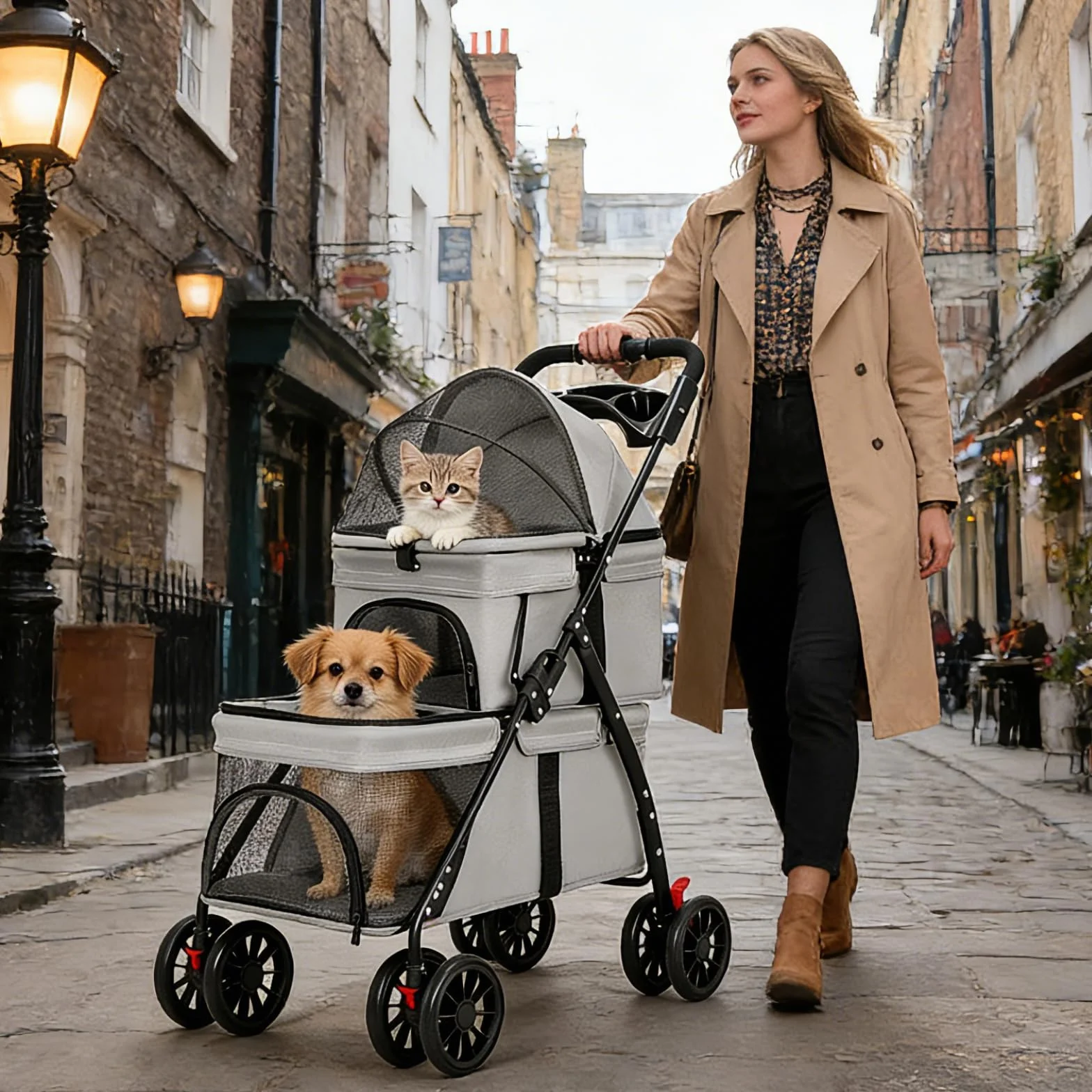 Poussette double pliable pour chats et chiens 2 chariots 4 roues avec sac de rangement et porte-gobelet Gris