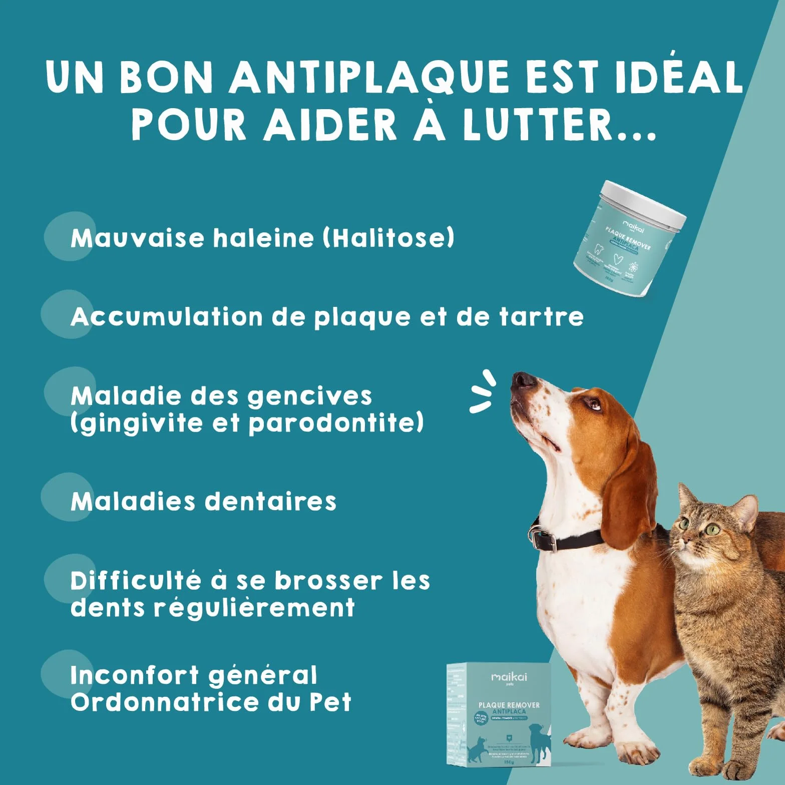 MAIKAI Poudre Anti-Tartre et Mauvaise Haleine pour Chien et Chat 150g – Complément Dentaire Naturel pour Santé Buccale