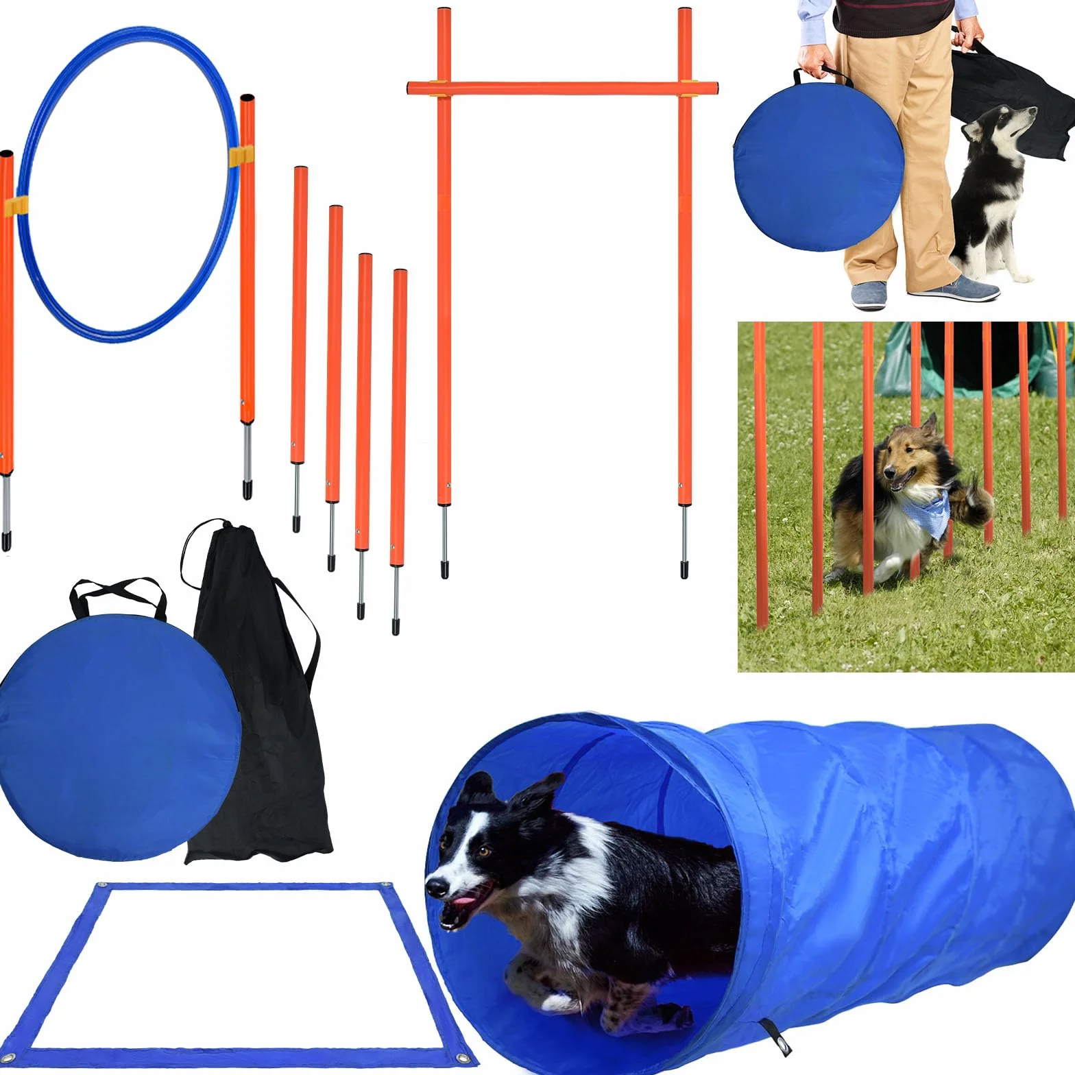 Kit d'équipement d'agilité pour chiens avec tunnel, barres de slalom réglables en hauteur et sac de transport