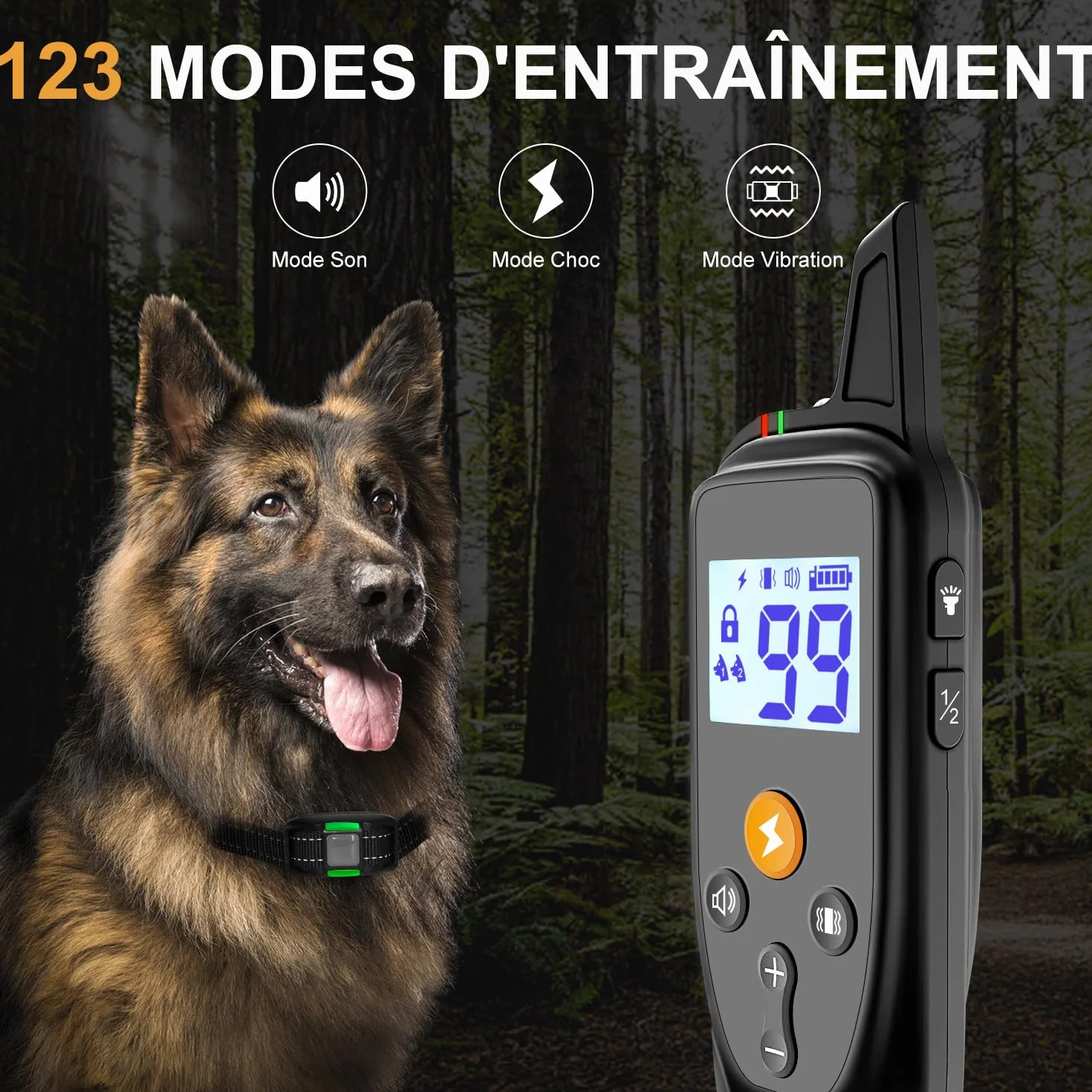 Collier de Dressage pour Chien Télécommande 3 Modes Bip Vibration Choc Portée 1000m Étanche IP67 Réglable 12-65cm Recharge Rapide