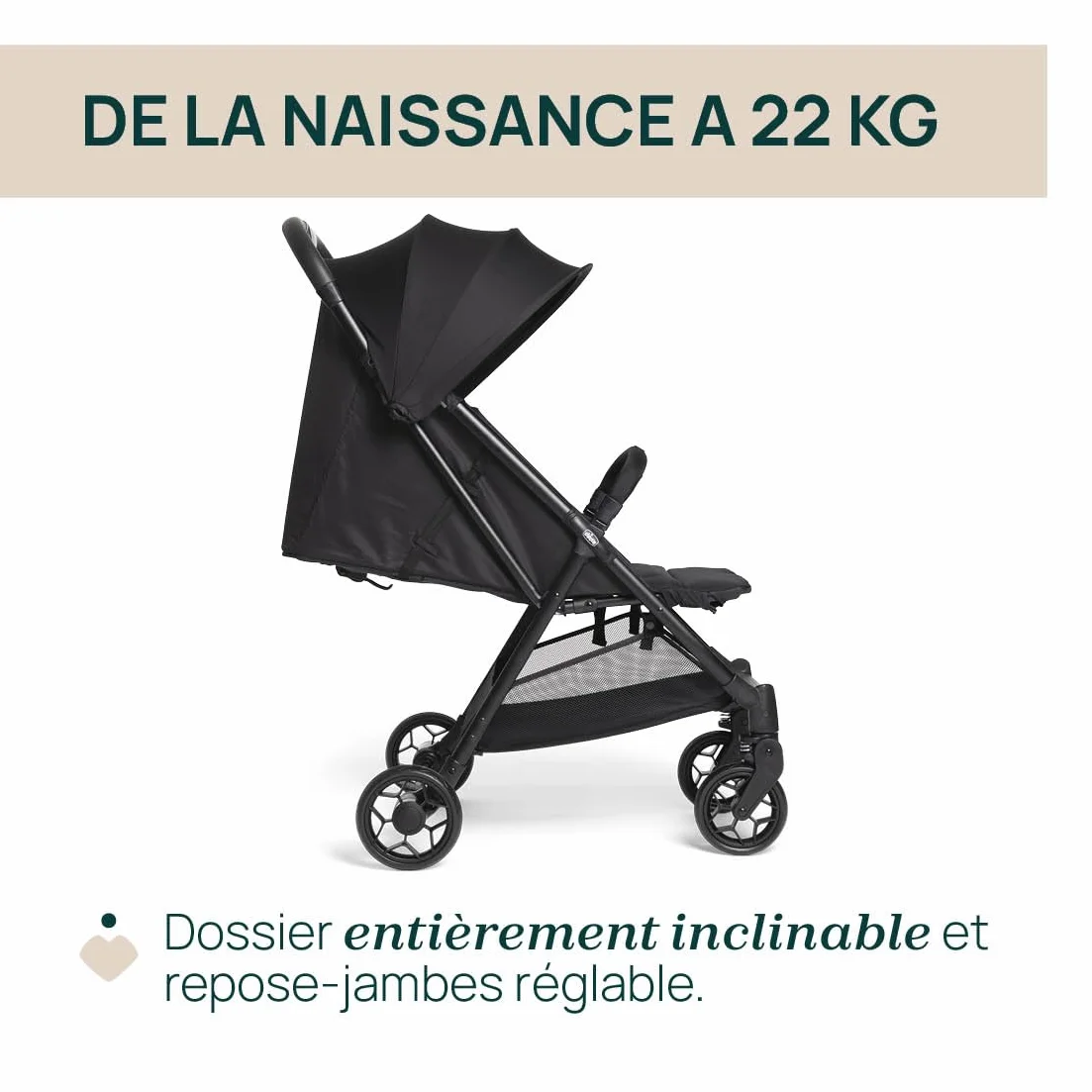 Chicco Poussette Urbino 0-22 kg Légère Compacte Pliage une main Capote Extensible UV50 Repose-Jambes Noir