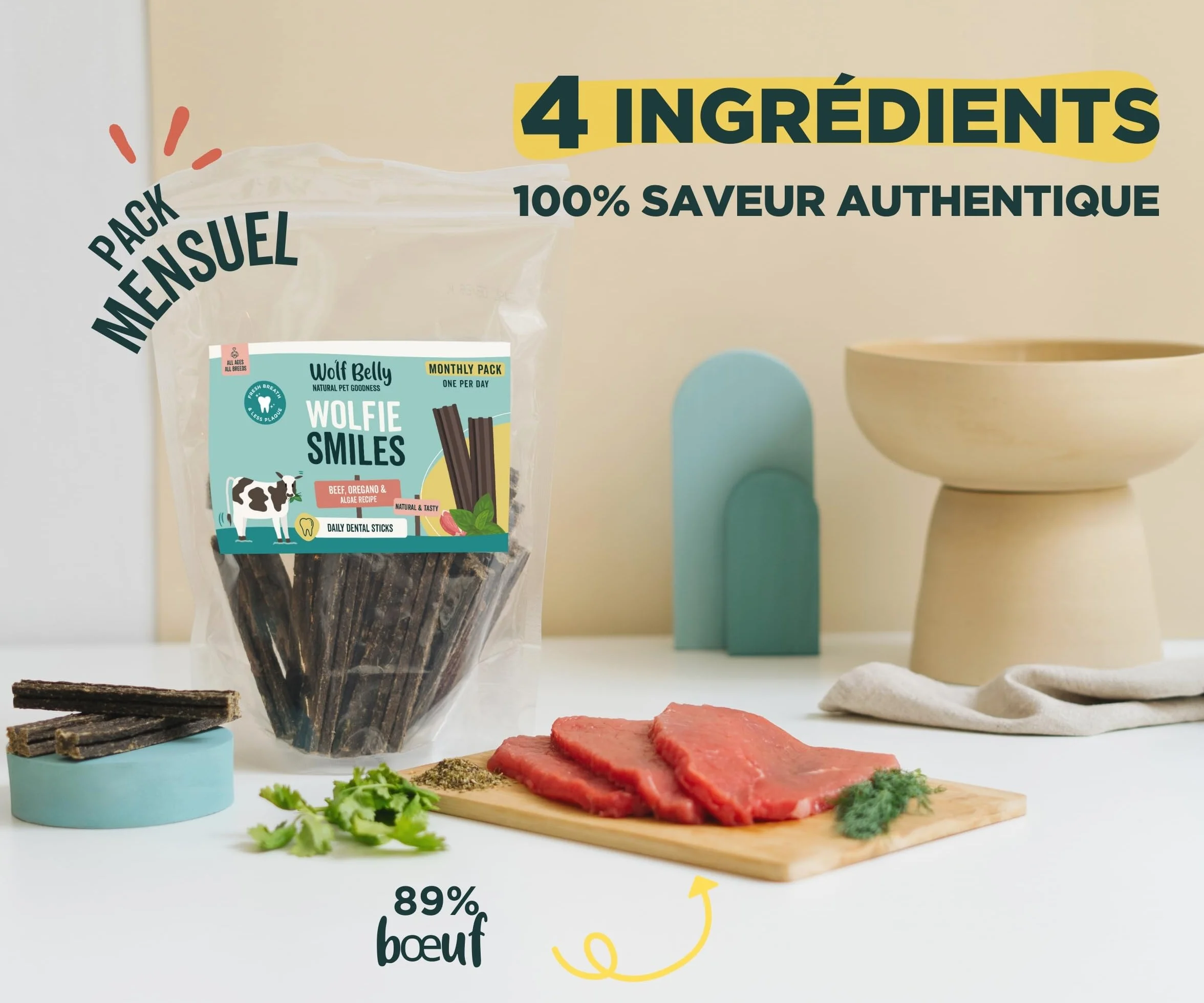 Wolf Belly Stick Dentaire Chien Naturel 28 unités 89% Bœuf Origan sans Céréales Hygiène Bucco-Dentaire Haleine Fraîche Riche en Protéines