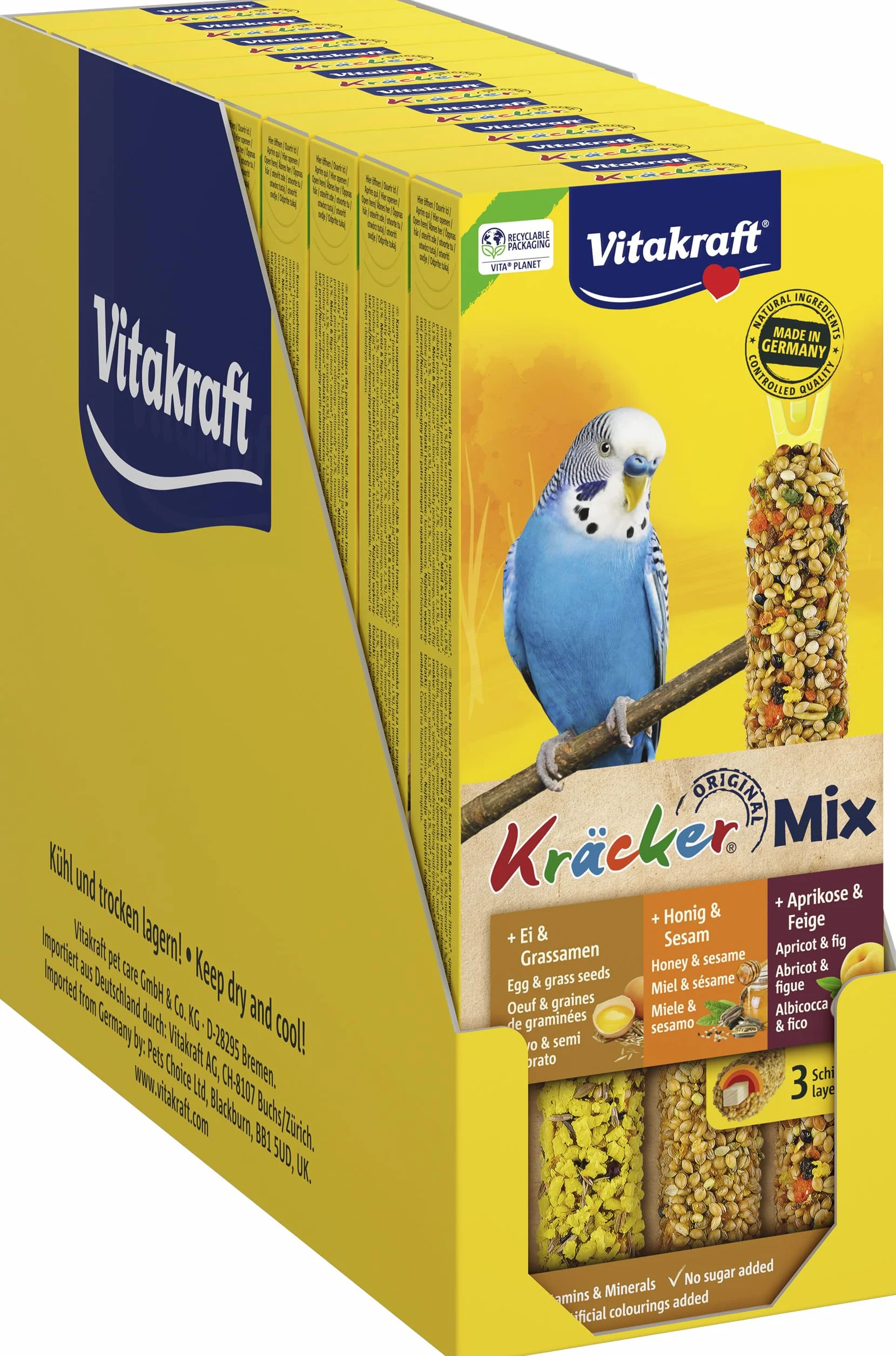 VITAKRAFT Kräcker Mix Snack Pour Oiseaux Œufs Graines Herbe Abricot Figue Miel Sésame Entretien Bec Sans Sucre 10x90G