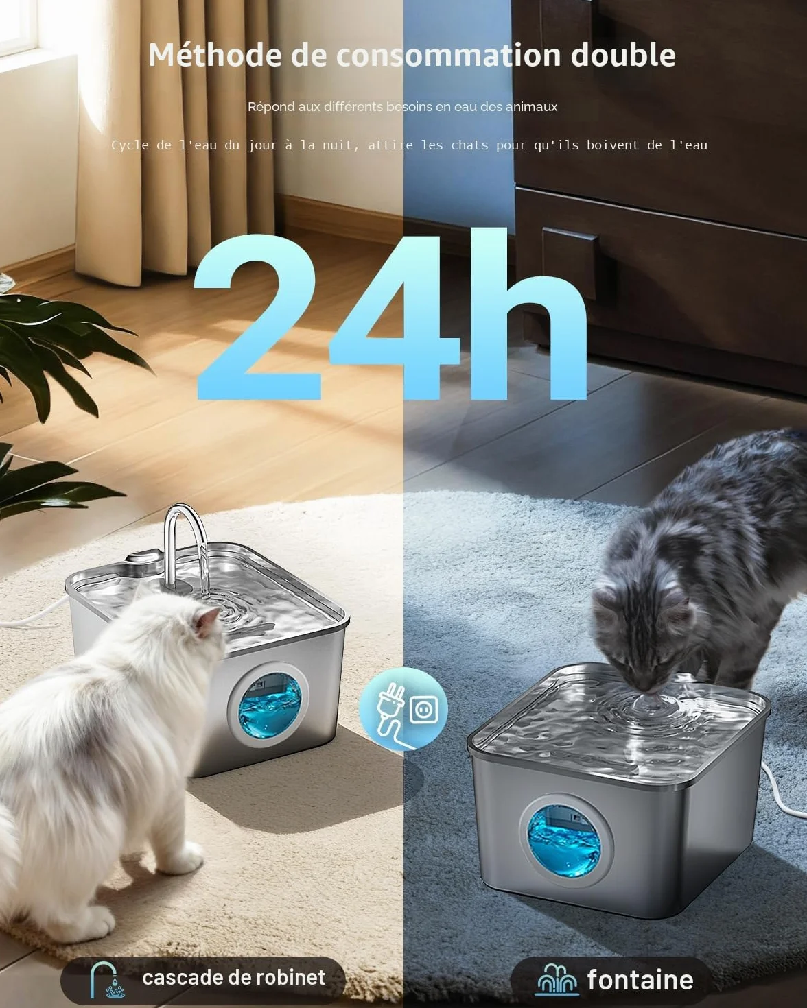 Fontaine à Eau Chat INOX 2,6L Acier Inoxydable Automatique Silencieuse avec Système de Quadruple Filtration