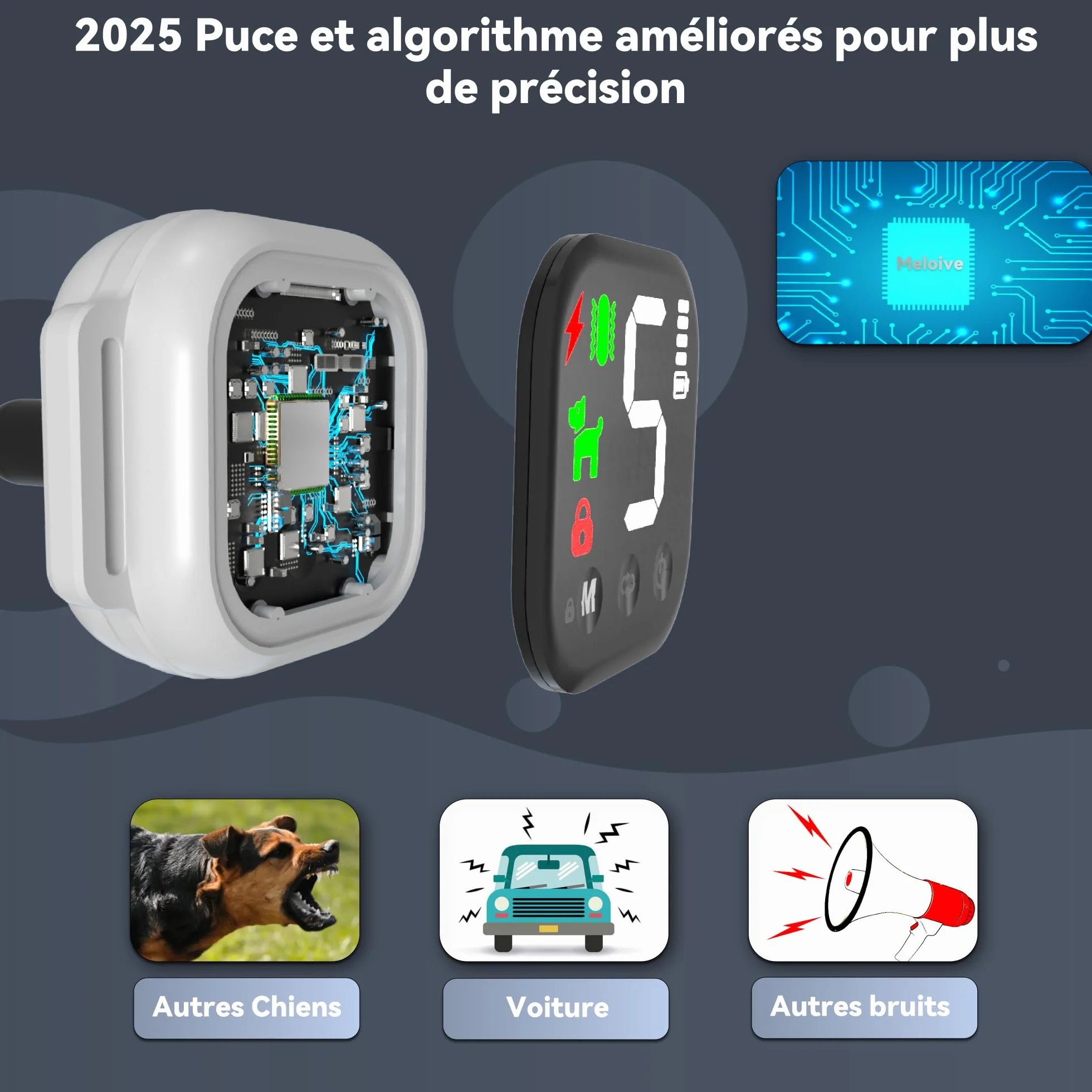 Collier Anti Aboiement Chien Intelligent 4 Modes Son Vibration Choc Statique IP67 Étanche Rechargeable Blanc