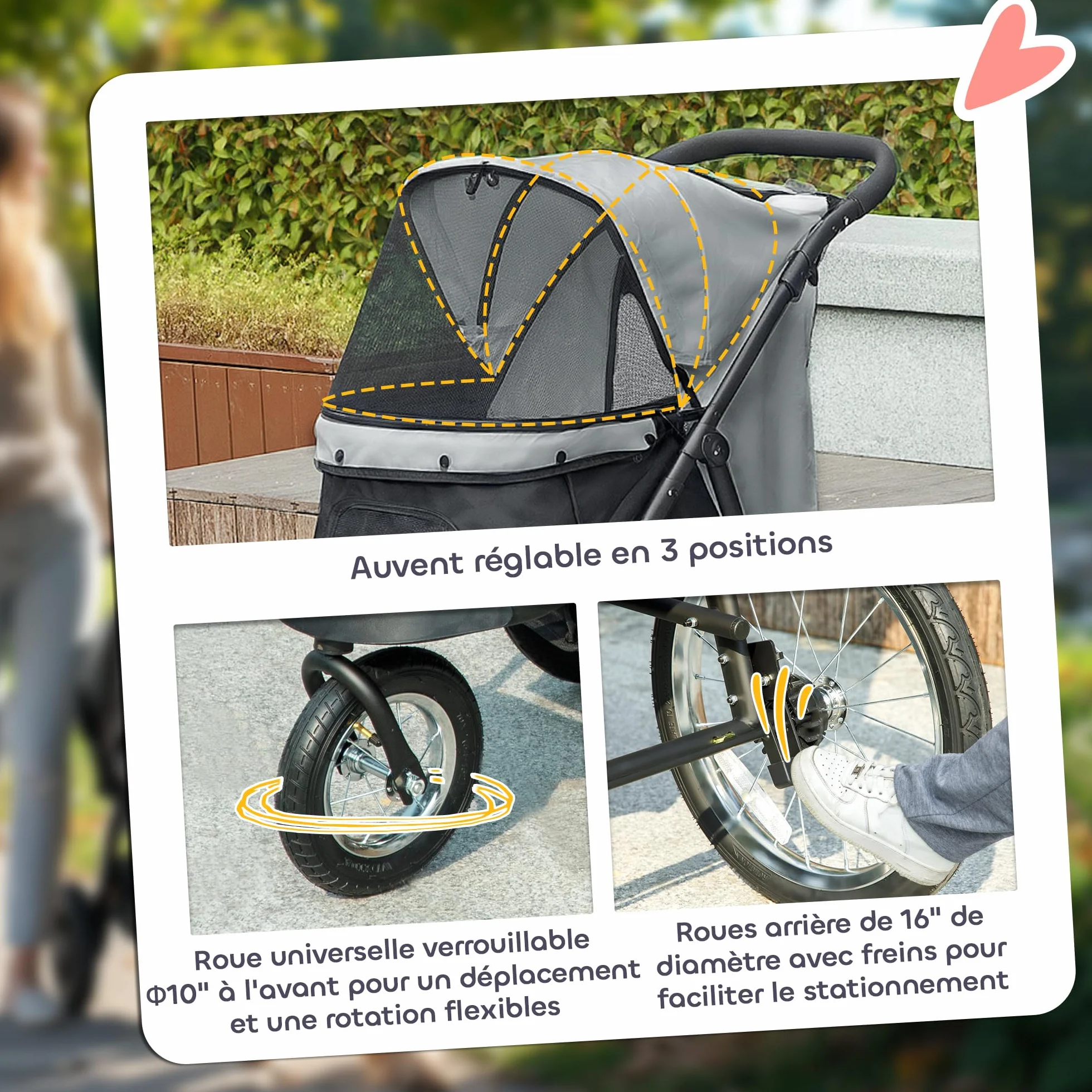 PawHut Poussette pour chien pliable en un clic, poussette chat, panier de rangement, coussin lavable, grandes roues caoutchouc, gris