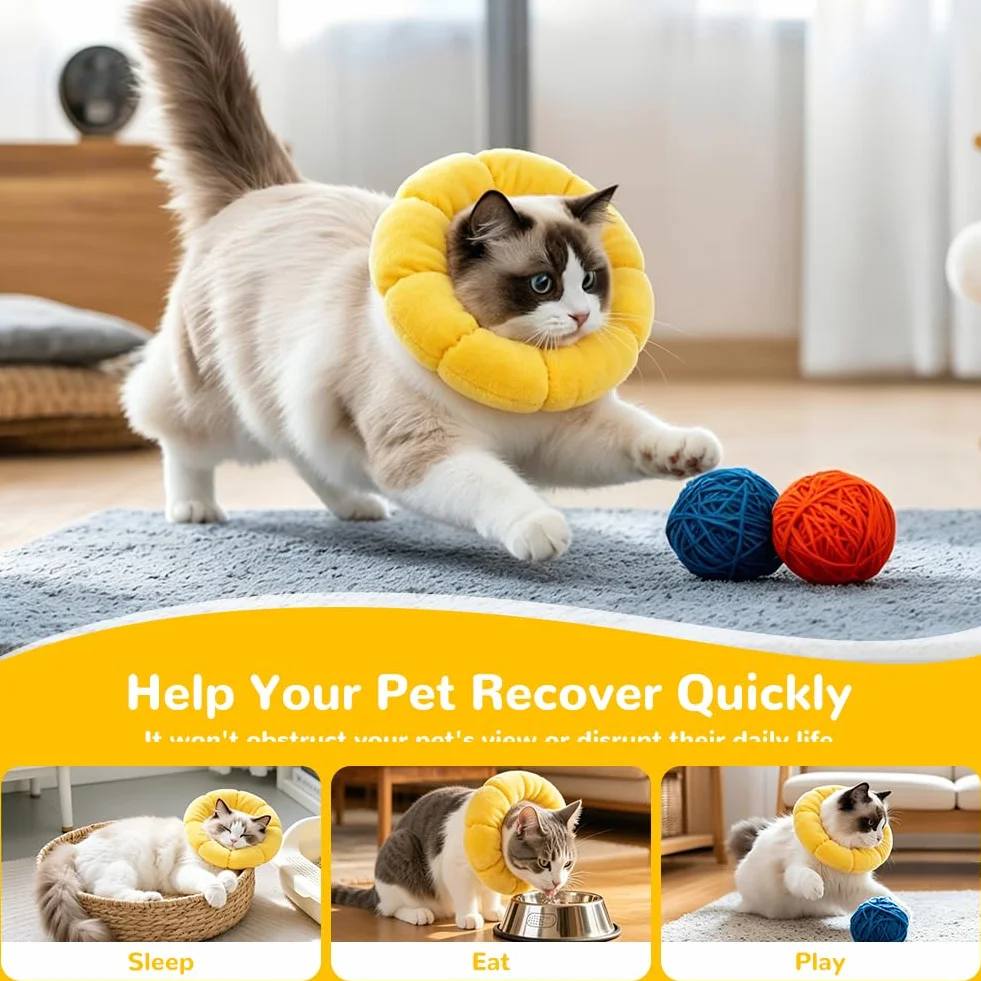 Collier Anti Léchage pour Chat, Collier de Protection Tournesol, Coton Doux Ajustable 10-18cm