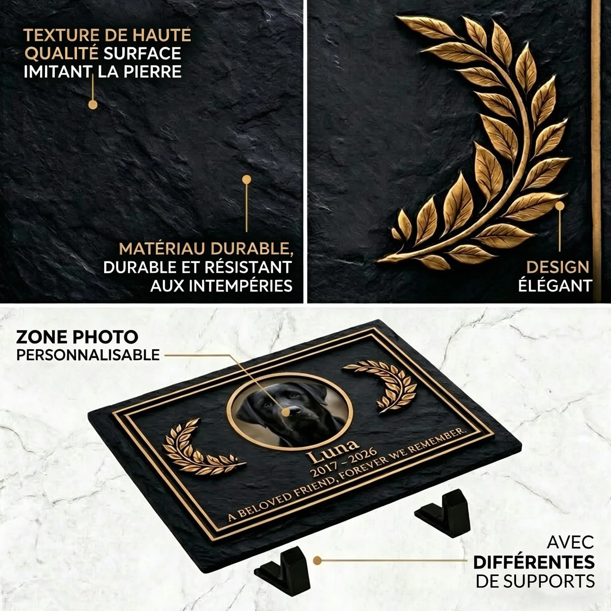Plaque Commémorative Carrée Pierre Tombale Personnalisée pour Animal de Compagnie avec Photo et Nom - Cadeau Mémoire Chien