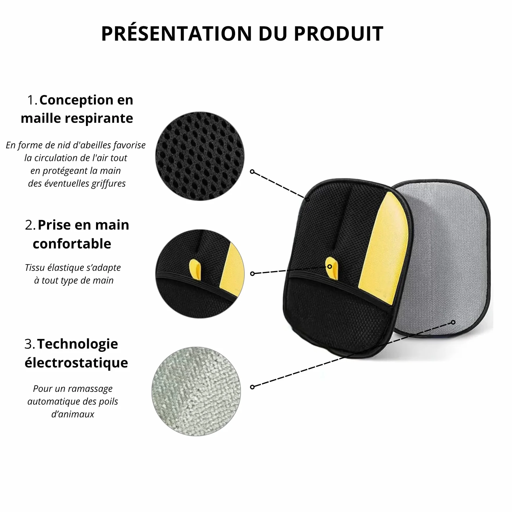 Gant Anti-Poils Chat Chien Double Face Brosse de Toilettage Réutilisable Ramasse-Poils Canapé Tapis Siège Auto Vêtements 2 Pièces