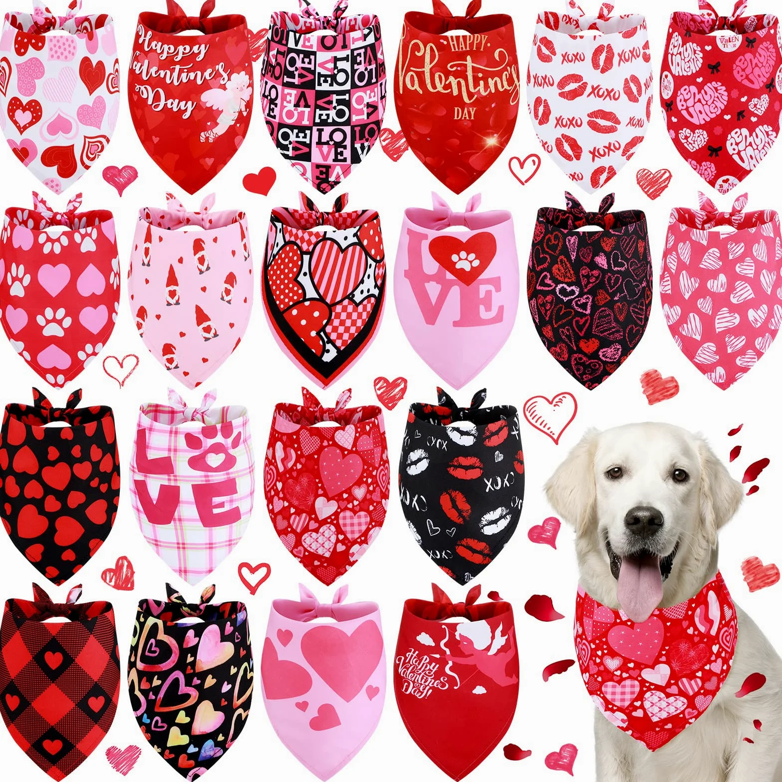 Lot de 20 bandanas triangulaires réversibles pour chien, bandana réglable pour la Saint-Valentin, le jour de l'indépendance, chiens, chats, animaux domestiques (81,3 x 55,9 x 55,9 cm)