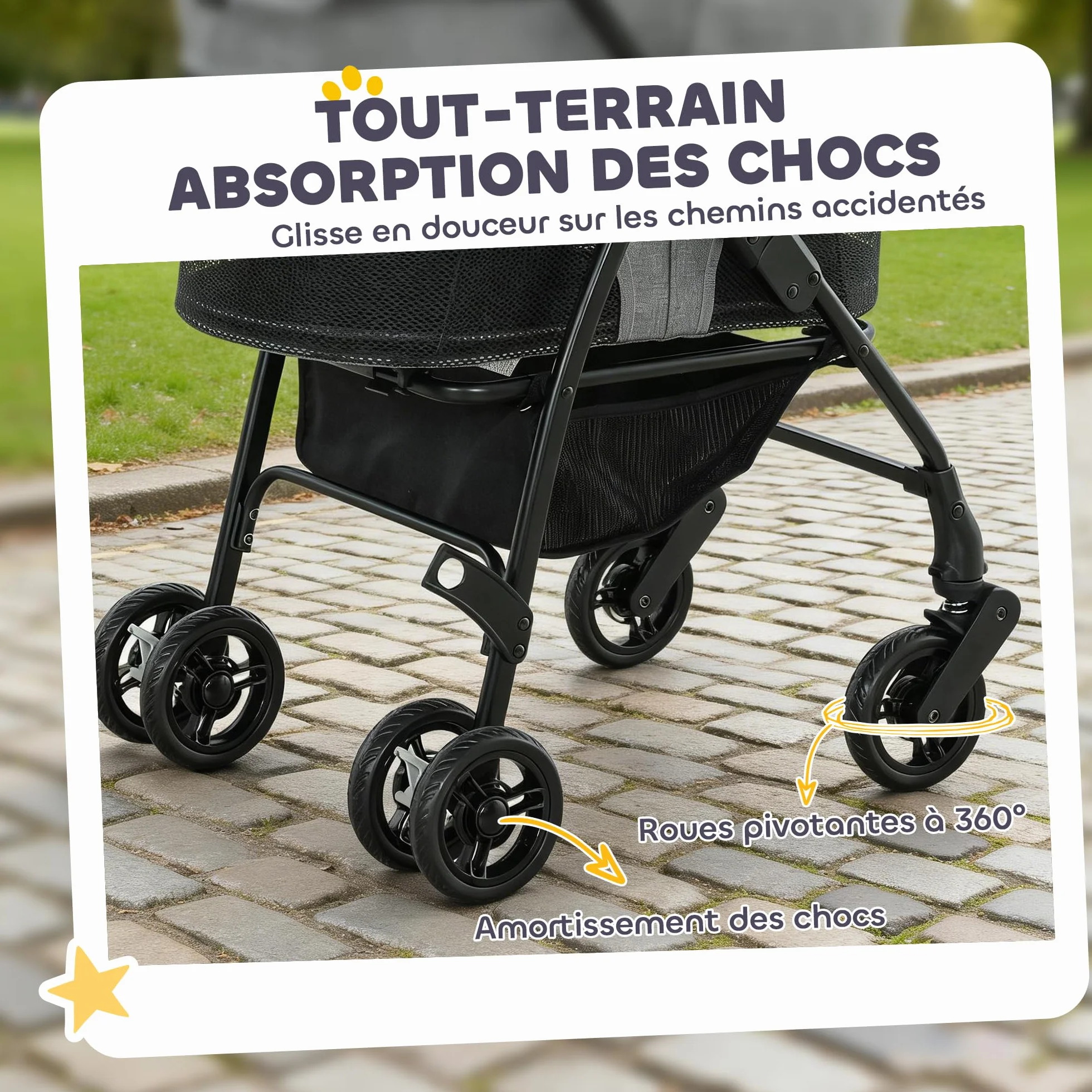 PawHut Poussette pour Chien 3 en 1 Détachable - Pousse-Chien Pliable avec Nacelle Amovible et Sans Fermeture Éclair - Suspension Tout-Terrain pour Petits Chiens et Chat de 10kg, Gris