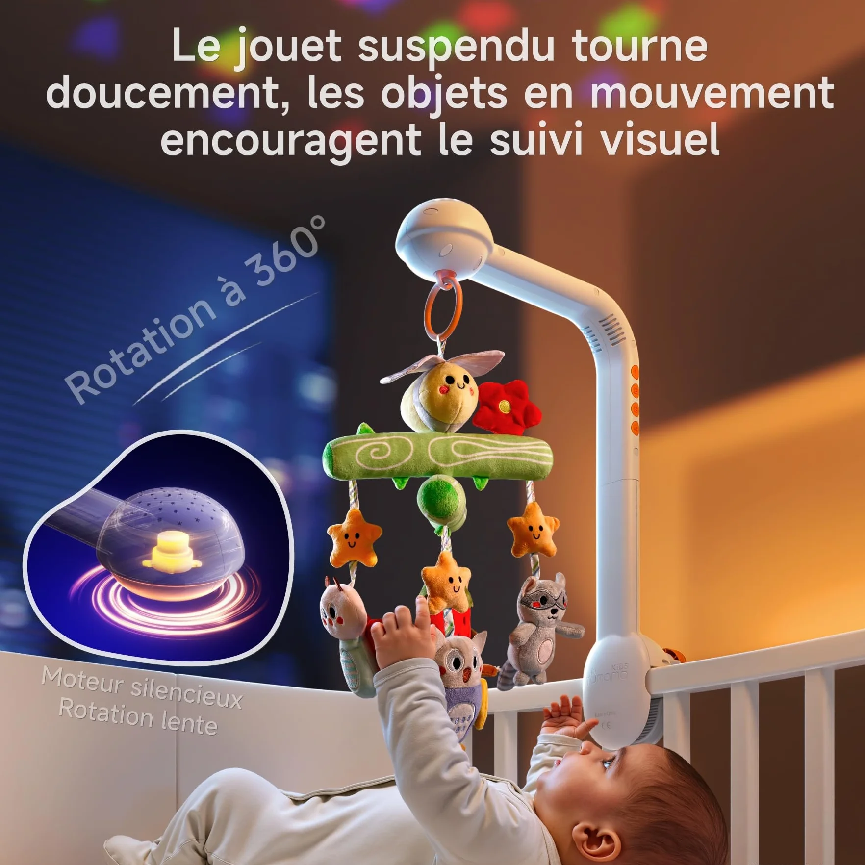 Veilleuse Bébé avec Projection Lumière, Mobile Musical Lit Bébé 0-9 mois, Télécommande Jouet Sensoriel