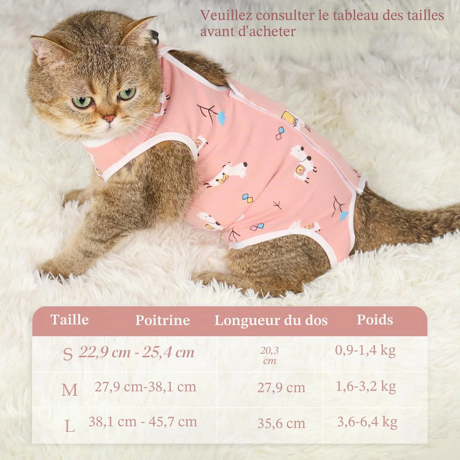 Lot de 2 Combinaison pour Chat Plaies Abdominales, Gilet de Récupération et de Protection Respirant, Idéal Après Chirurgies (Alpaga+Bonbons, M)